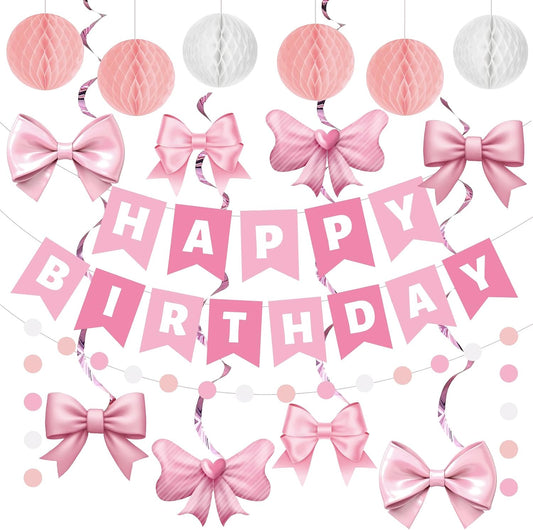 38 Pcs Pink Birthday Party Decoration Set Pink Bow Banner Hanging Swirls Honeycomb Balls for Women Girls Bow Birthday Bachelorette Party Baby Shower Party Supplies BST220