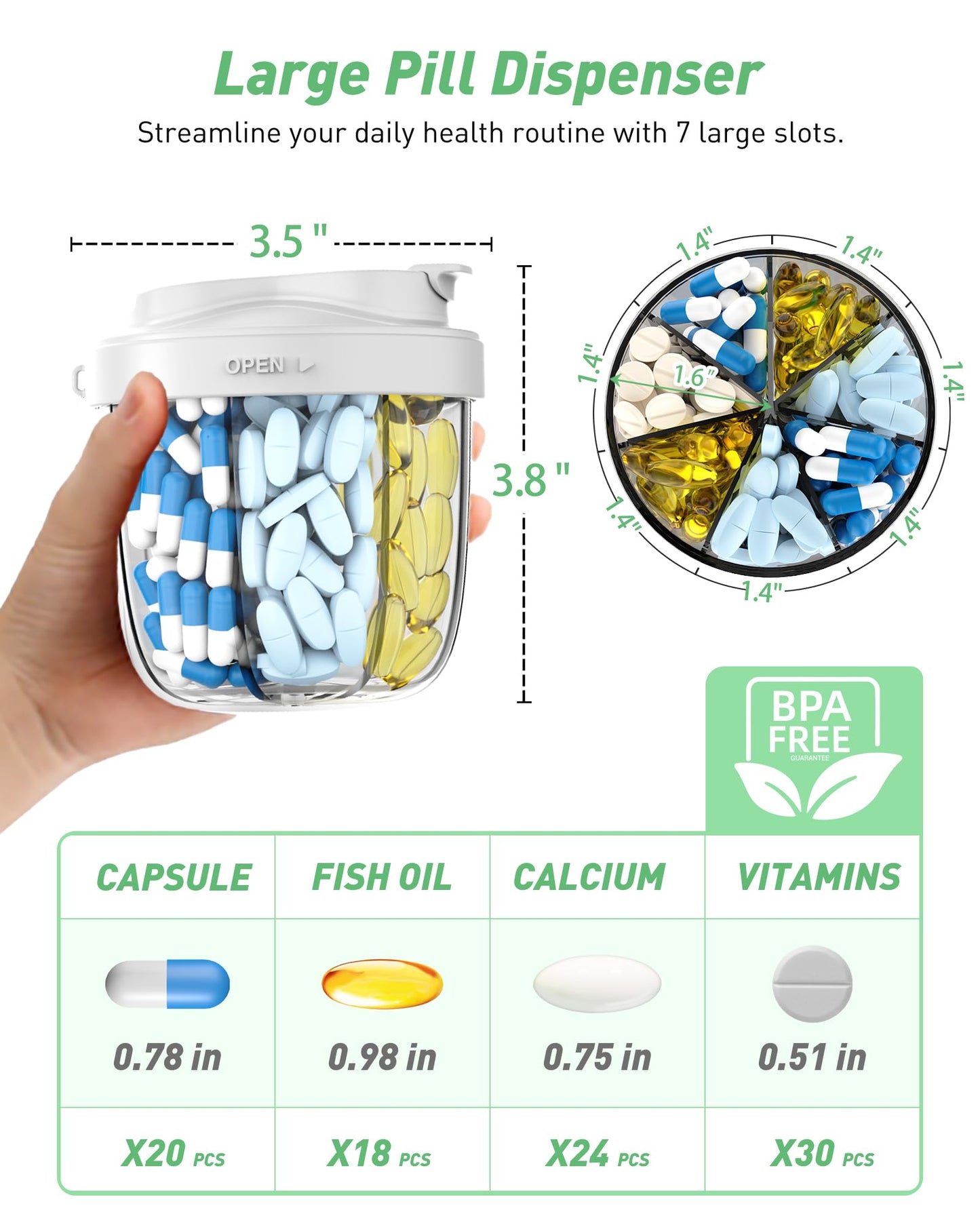 Cute Pill Organizer,Pill Dispenser with 7 Large Compartments,Portable Pill Bottle Box with Wide Opening for Easy Use, Anti-Mix Pills Organizer for Travel,Includes 20 Pcs Sticky Labels(Black) WN420