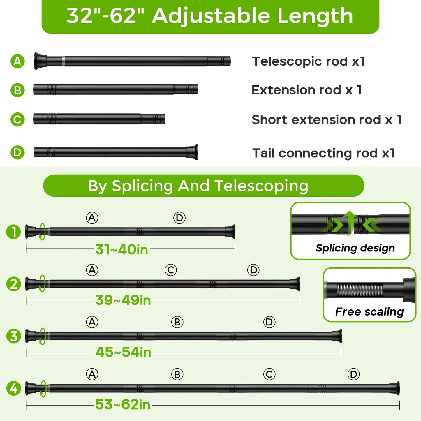 White Shower Curtain Rod 32 to 76 Inches Adjustable, 7/8 Inch Diameter Heavy Duty Tension Curtain Rods No Drill, Rust-Resistant Tension Rod for Bathroom, 1 Pack BST326H