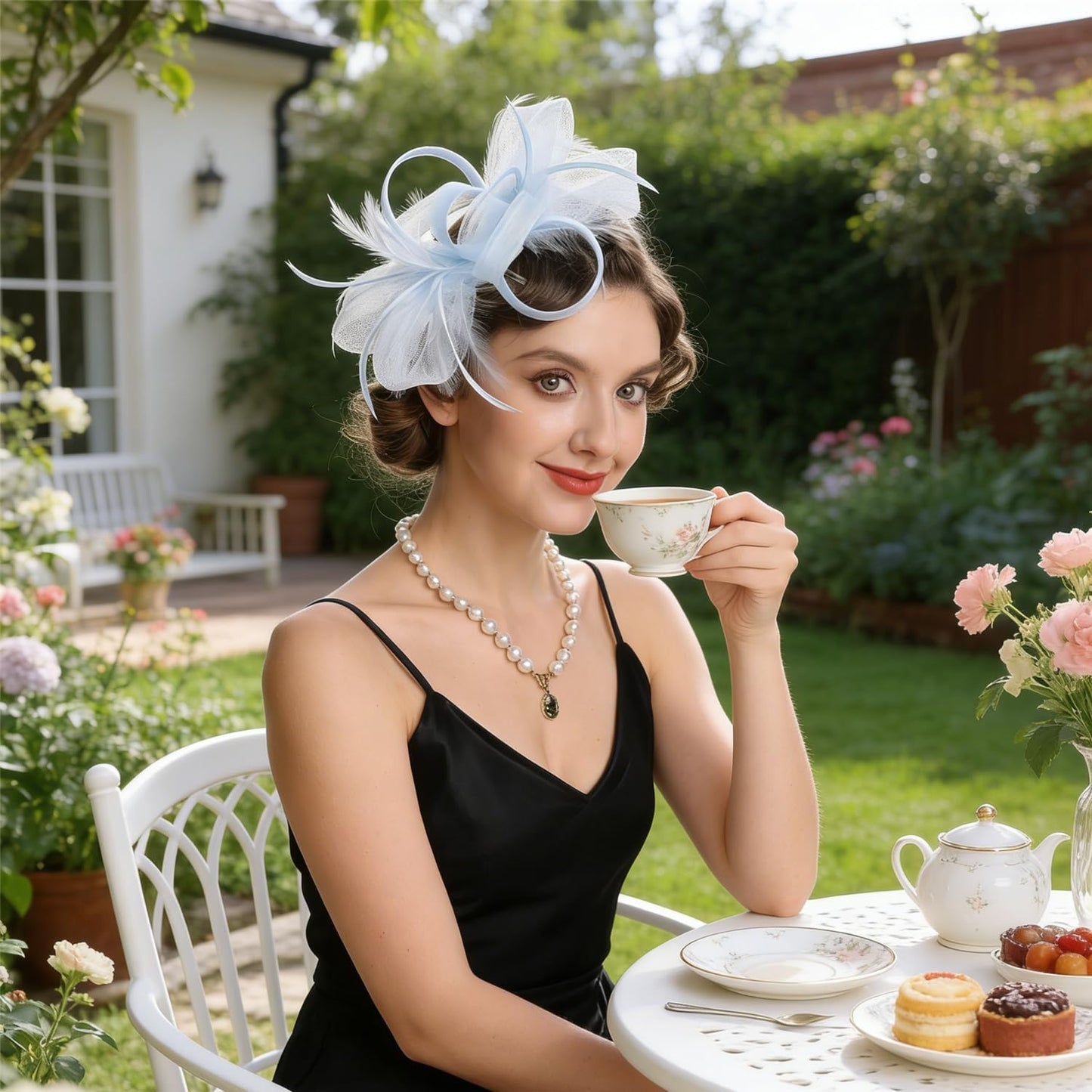 SAFERIN Fascinators Hat Flower Mesh Ribbons Feathers on a Headband and a Clip Tea Party Headwear for Girls and Women WN420