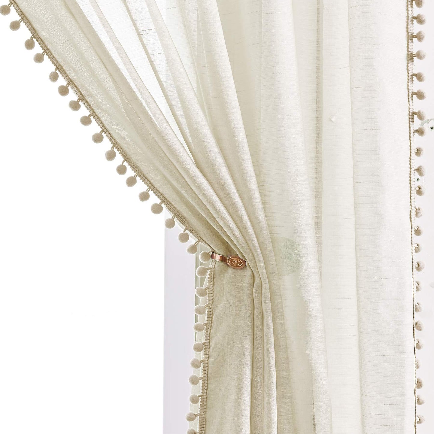Treatmentex Pom-Pom Grey Sheer Curtains for Bedroom 63" Window Drapes Rod Pocket Textured Sheer Curtain for Kids Room 52" w 2 Panels BST202