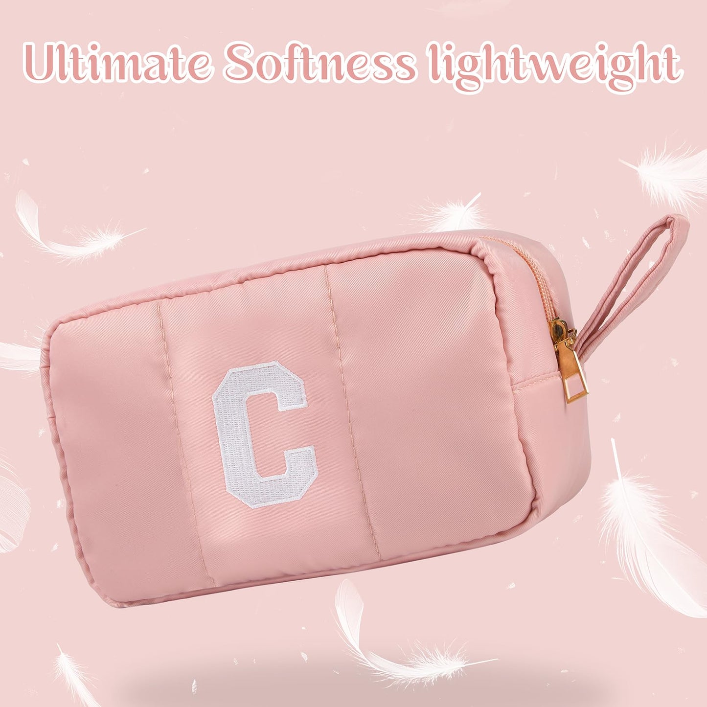 Puffy Makeup Bag for Women,Initial Cosmetic Bag,Cute Travel Toiletry Bag,Puffer Make Up Organizer Bags with Compartments,Personalized Gifts for Girlfriend Bridesmaid Teacher Graduation (Khaki gray, E) BST202