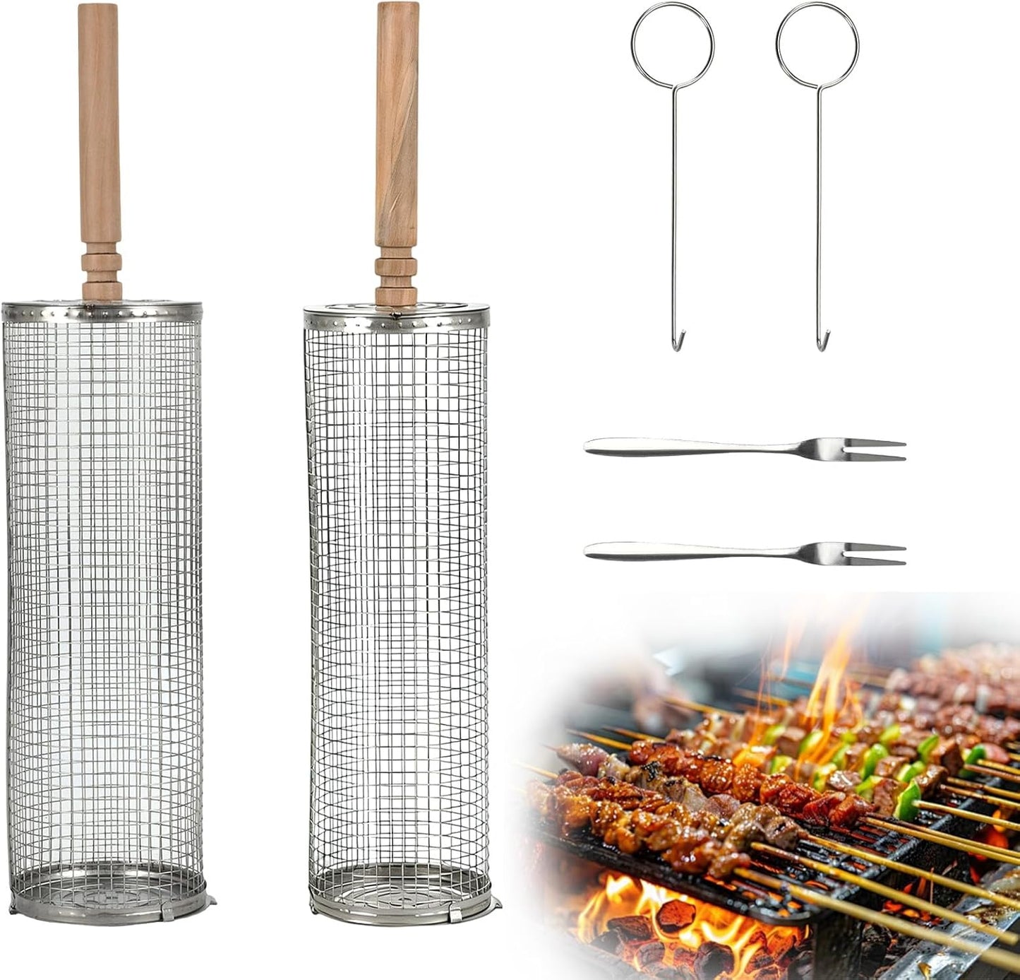 2Pcs Rolling Grill Baskets, 304 Stainless Steel Grill Baskets with Removable Wooden Handle Vegetable Grilling Basket for Outdoor Cooking, BBQ, Camping BBQ Grill Accessories Cooking Gift for Men BST202