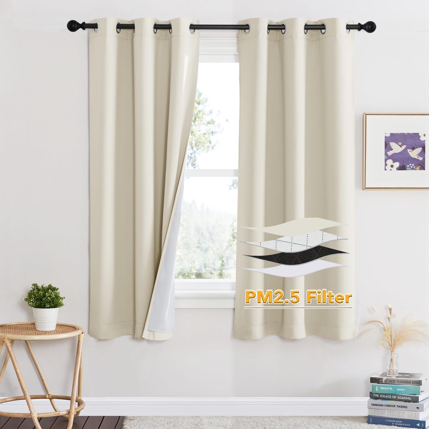 RYB HOME 4-in-1 Dust Filtering Soundproof Blackout Insulating Privacy Window Curtains for Nursery Bedroom Living Room Rivider Sound Absorption Sheet, Black, W52 x L90 inch, 2 Panels BST220