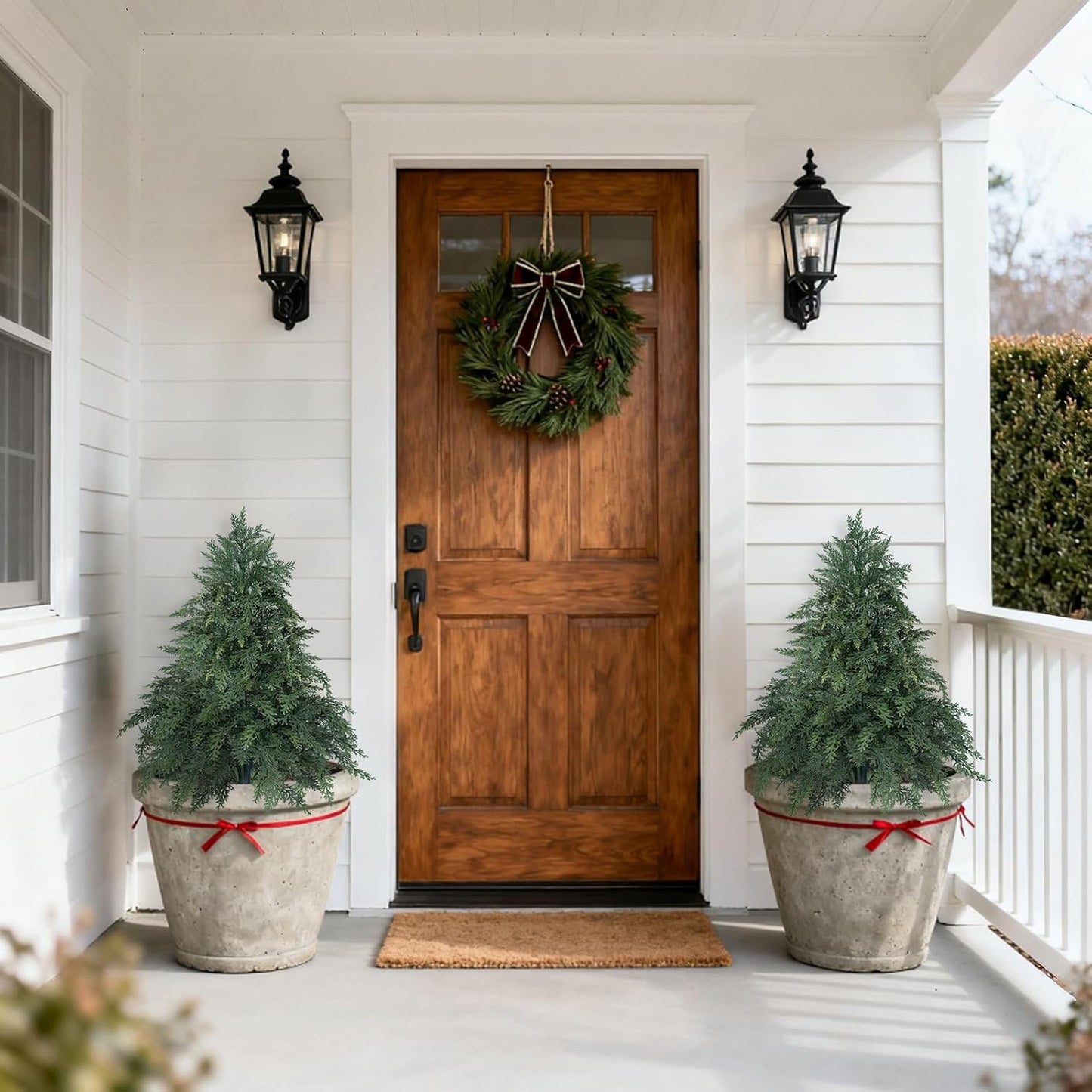 Artificial Cypress Topiary Cedar Trees with Ground Spike, 2 Pieces Fake Pine Shrubs Bushes, UV Resistant Faux Evergreen Tree Plants for Indoor Outdoor Planters Front Porch BST220
