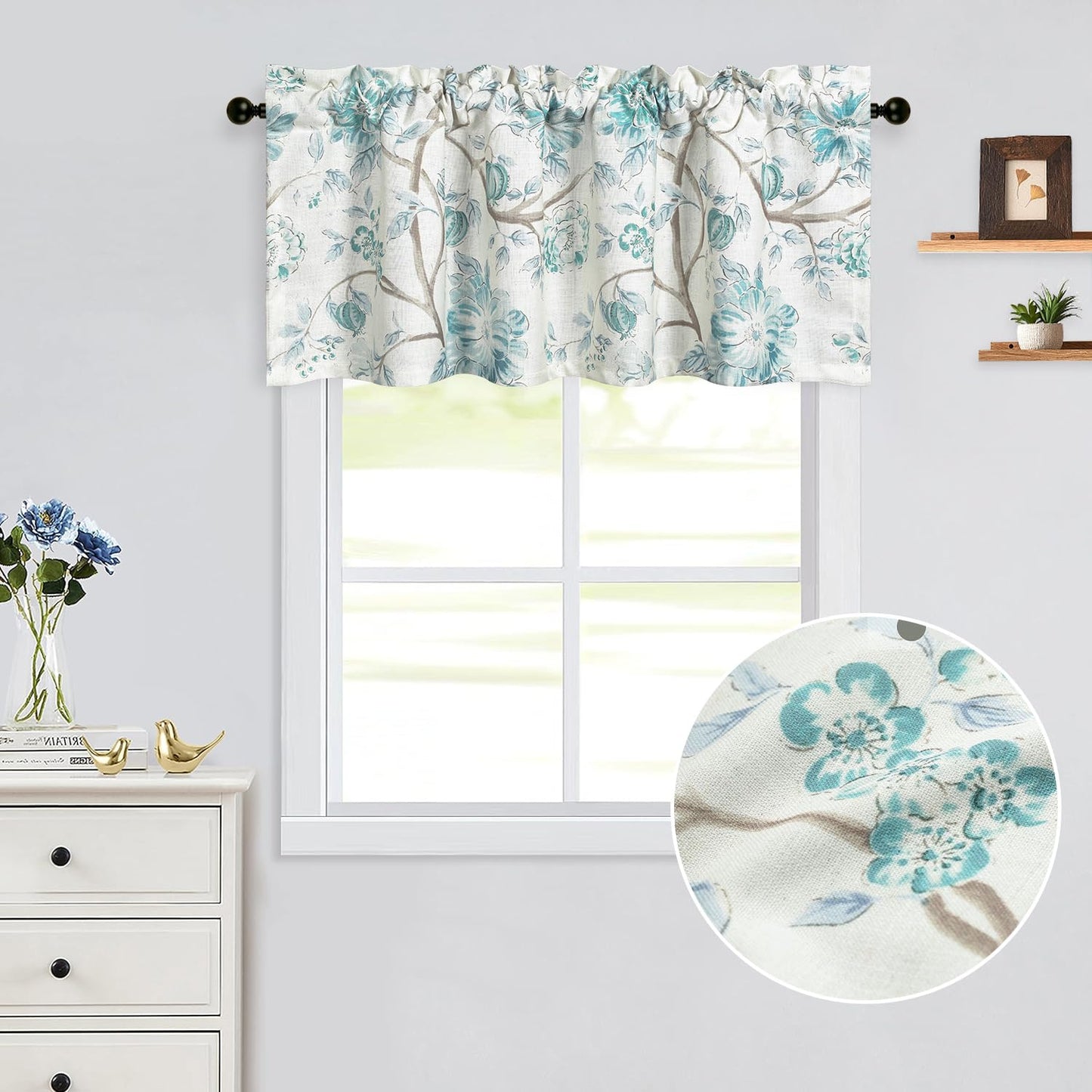 Leeva Tie Up Valance for Windows, Elegant Birds Pattern Light Filtering Window Treatment Valances for Bedroom Kitchen, One Panel, 52 x 18, Light Blue BST220