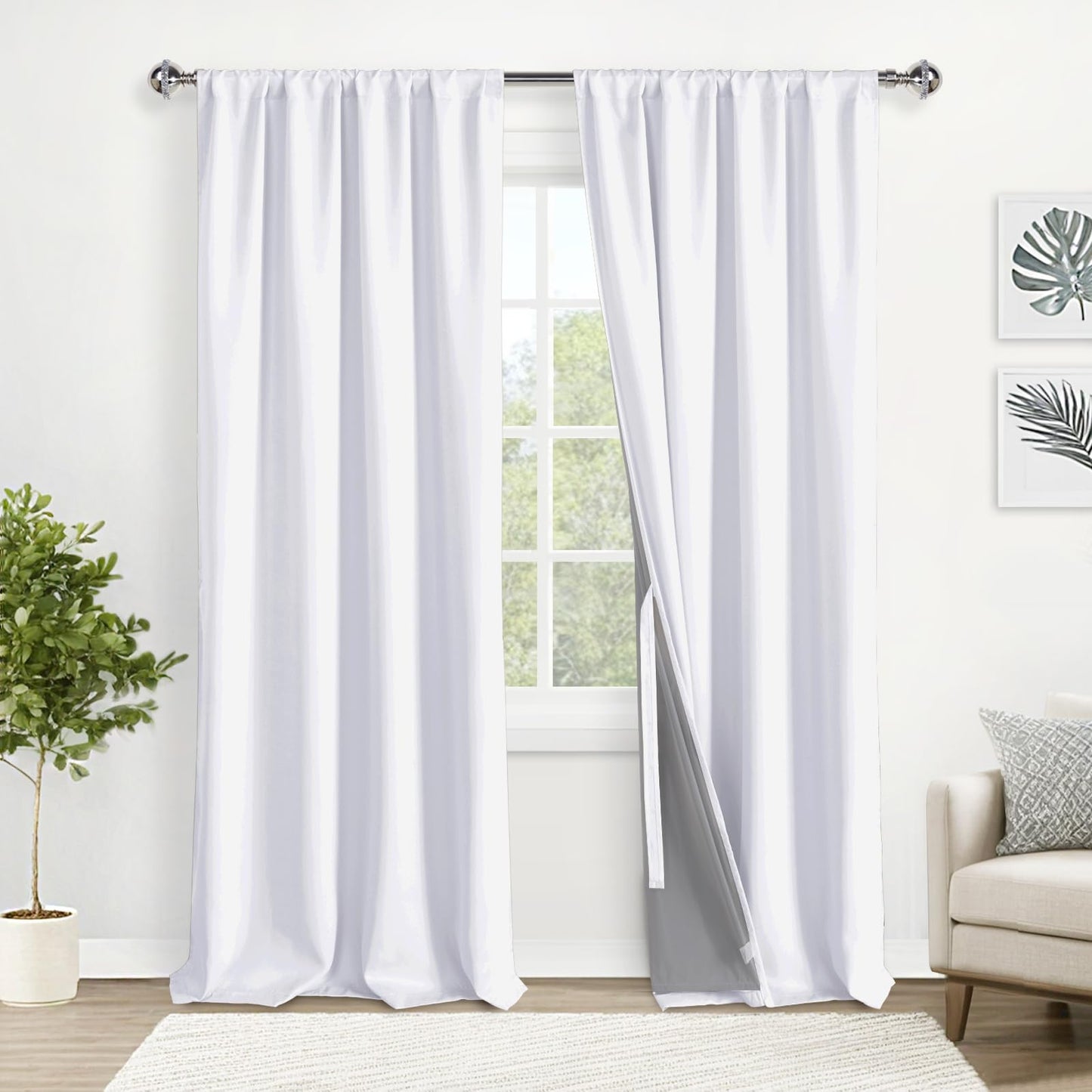 XWZO White Blackout Curtains with Tiebacks - Rod Pocket & Back Tab Heat and Full Light Blocking Window Panels for Bedroom/Nursery, 84 Inches Long Thermal Insulated Draperies, W42 x L84, Set of 2 BST326H