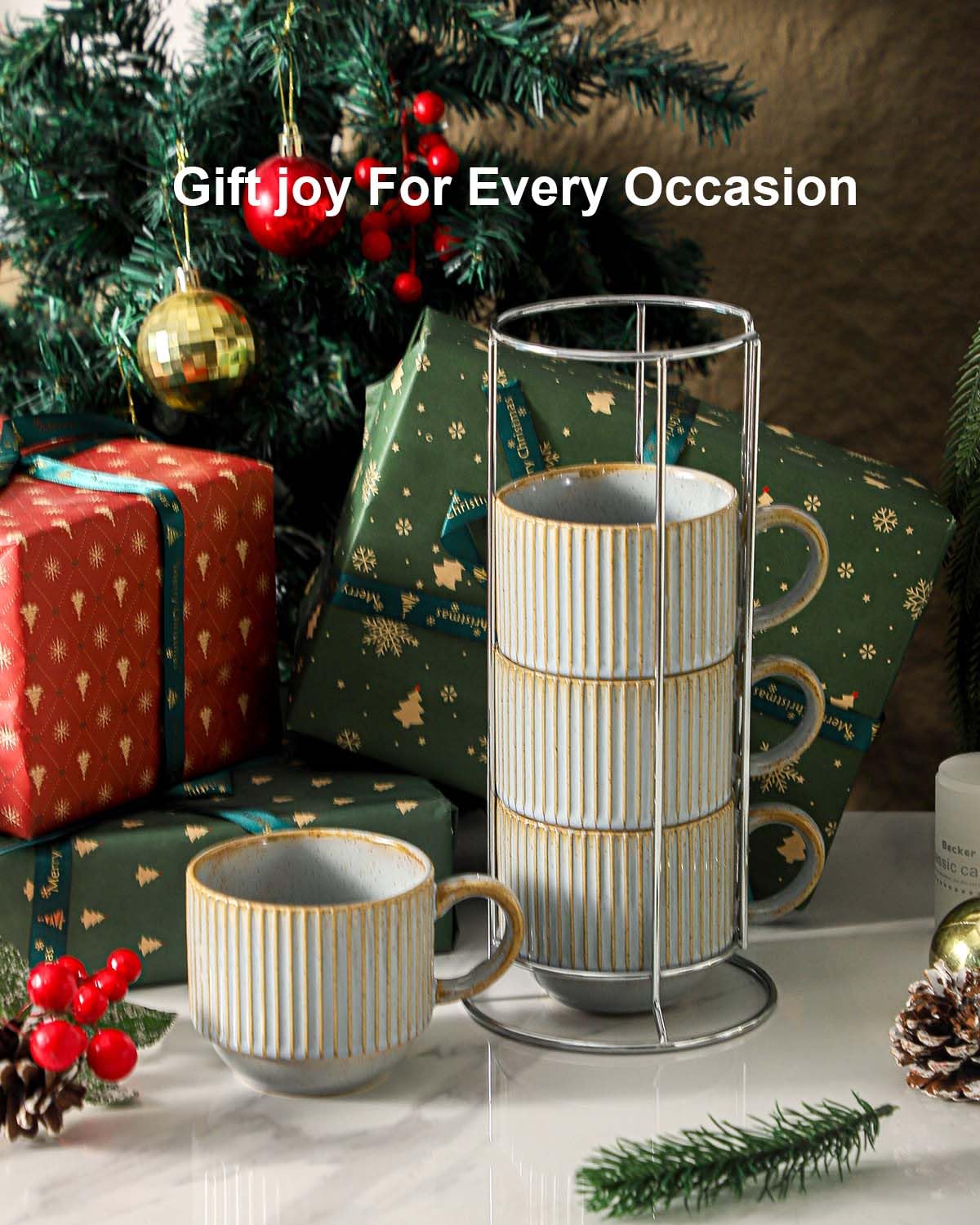 HASENSE 15 oz Ribbed Stackable Coffee Mug Set of 4, Porcelain Latte Cups with Metal Rack, Dishwasher & Microwave Safe, Cappuccino Tea Hot Cocoa, White BST220