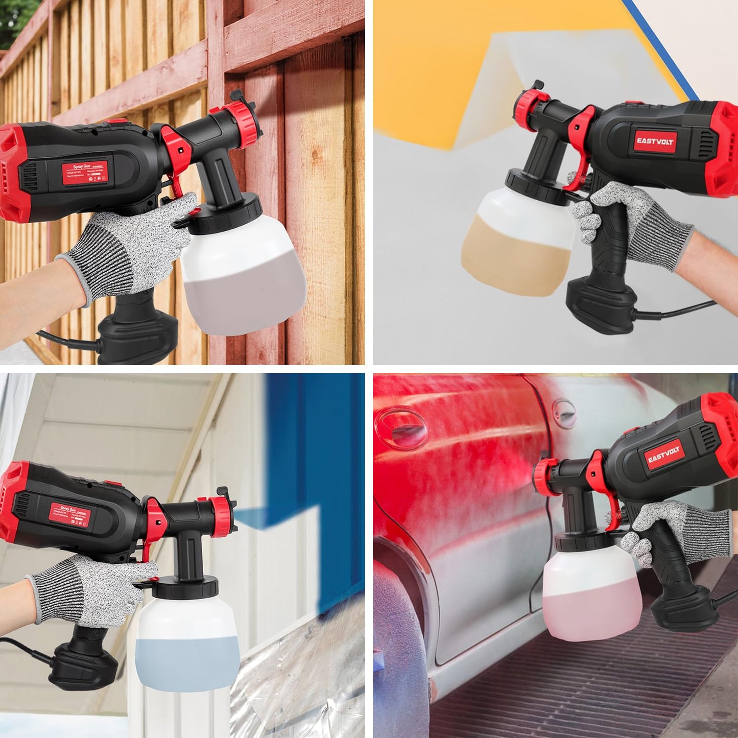 Eastvolt High Power HVLP Home Electric Spray Gun,600 Watt Paint Sprayer,4Nozzles,3 Spray Patterns with 1000ml Container,Viscosity Measuring Cup and Cleaning Set,EVSG01