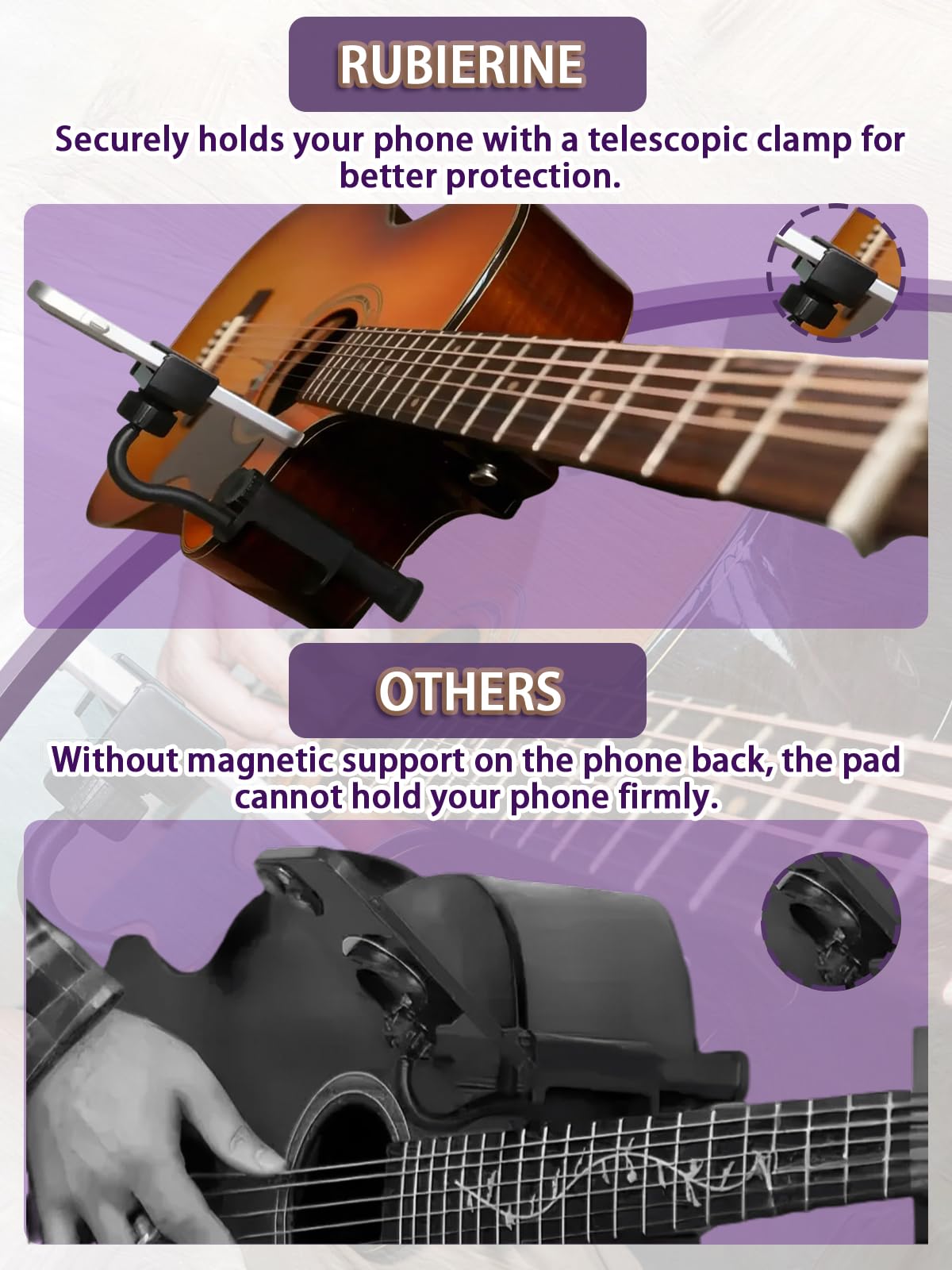 Guitar Phone Holder, Digital Sheet Music holder, Phone Clip Mount Fit for 6-10cm Thick Guitars& Ukulele, Practical Guitar Accessories for Watching Tutorials & Tabs While Playing, Easy Setup WN420