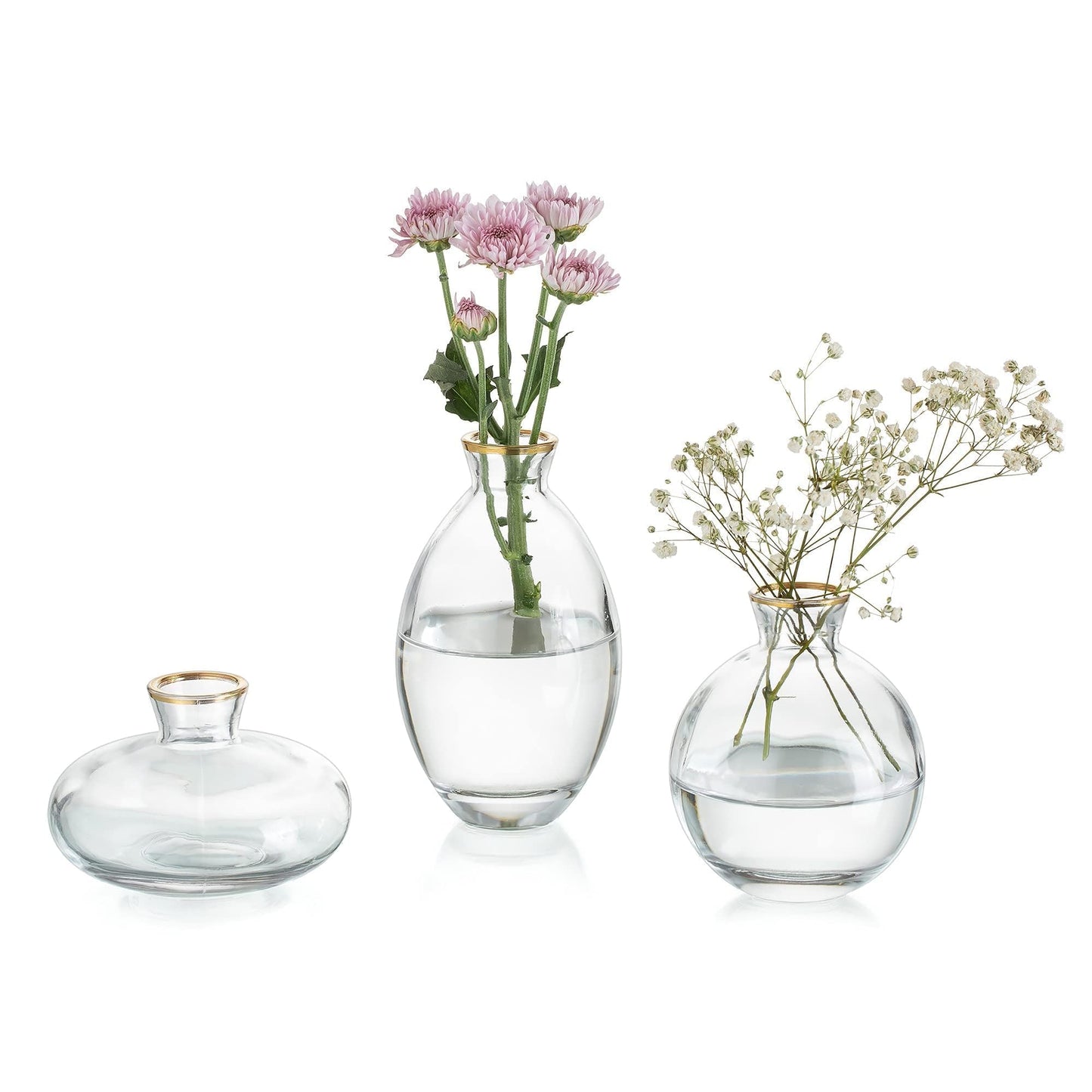 Glasseam Clear Glass Bud Vase, 3Pcs/Set Modern Decorative Small Mini Flowers Vases Short Minimalist Aesthetic Home Decor Vintage Cute Handmade Tiny Wedding Table Centerpieces for Single Flower Rose BST326H