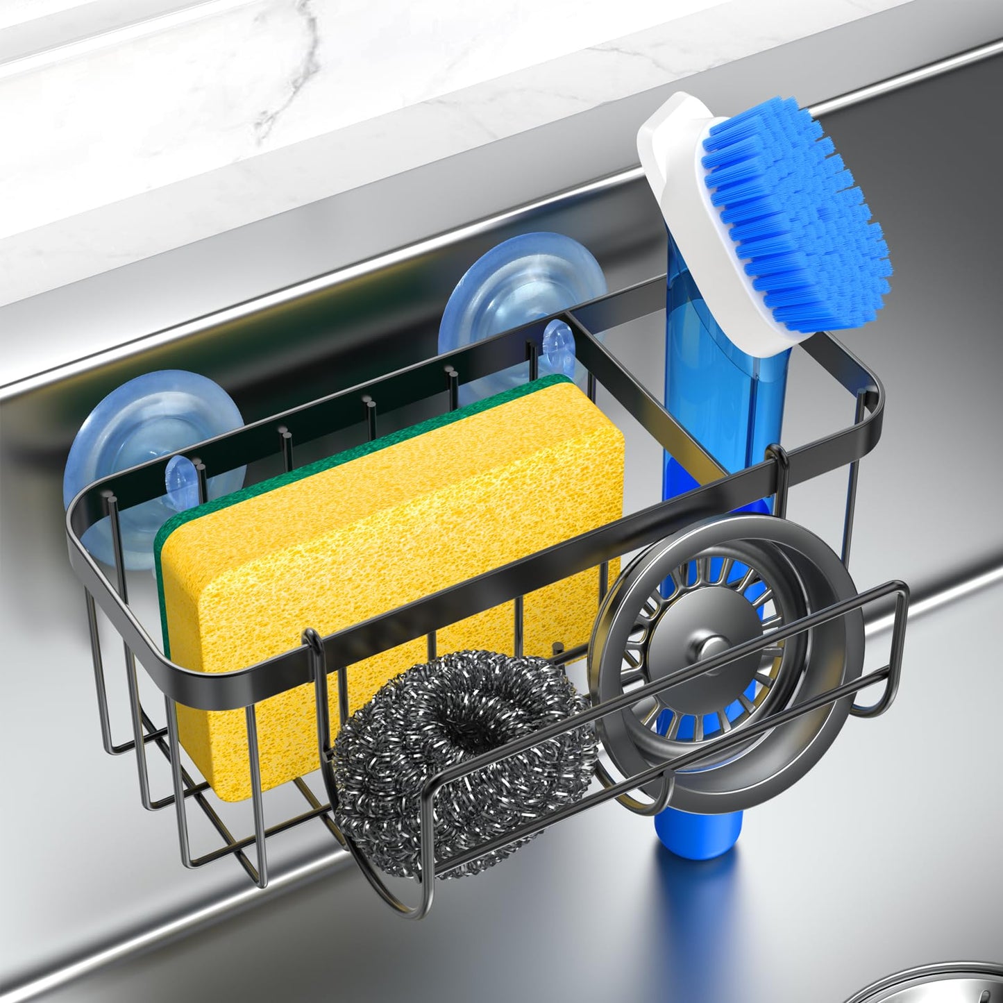3-in-1 Kitchen Sink Caddy Organizer with Sponge Holder, Brush Holder, Extra Rack for Scrubber, Sink Stopper, Dish Cloth Hanger - Strong Dual Suction Cup, 2.0mm SUS304 Stainless Steel - Grey WN420