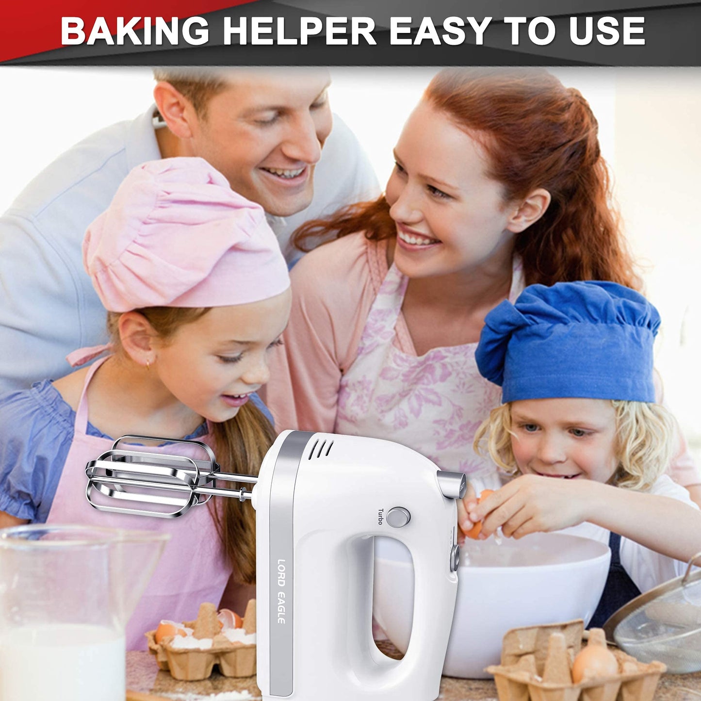 Lord Eagle Hand Mixer Electric Handheld 400W, 5-Speed Lightweight Kitchen Mixer with Storage Case, 5 Stainless Steel Attachments for Baking Cake Egg Cream Food Beater, Turbo+Eject Button, Pink