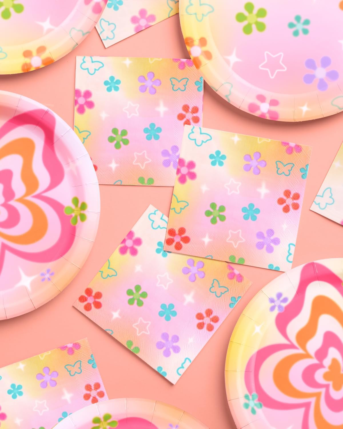 xo, Fetti Groovy Y2K Paper Napkins - 3-ply, 25 pcs | Rainbow Kids Party Decorations, Girls Bachelorette Supplies, Butterfly Birthday Tablescape, Pastel Flower Decor BST326L