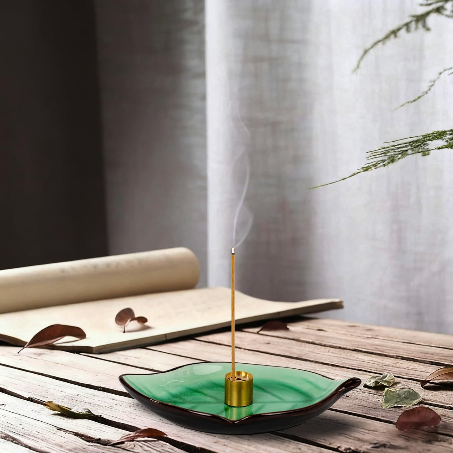 Incense Holder for Sticks (9 Holes) and Cones, Handmade Ceramic Incense Ash Catcher for Meditation, Yoga, SPA Days, Relaxing, Home Decor, Candle Holder, Easy to Clean, Leaf-Shape (Blue) BST220