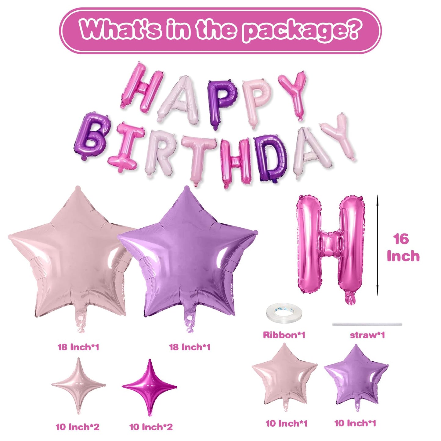 Happy Birthday Balloons Banner, Rainbow Happy Birthday Foil Balloons 16 Inch Foil Letter Balloon with 8 Pcs Gradient Blue Pink Star Balloon for Women Men Boys Girls Birthday Party Decoration WN420