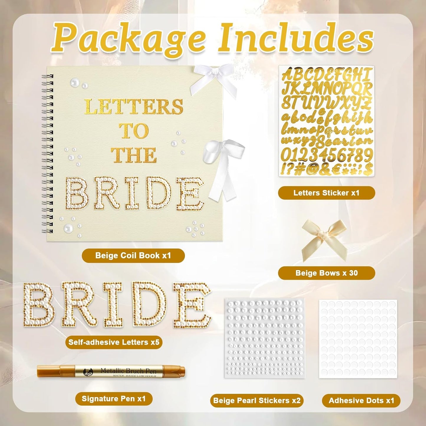 Oitnlaughter 539 Pcs Letters to The Bride Scrapbook Kit 8x8 Inch Wedding Bridal Memory Scrap Book Beige DIY Photo Album Guest Book with Pearl Stickers for Wedding Bridal Shower Anniversary BST326H