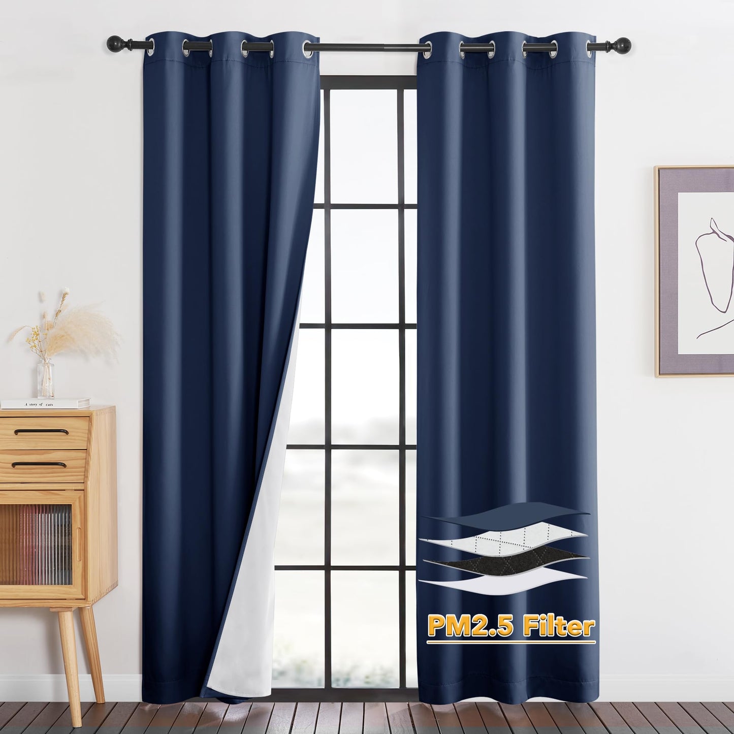 RYB HOME 4-in-1 Dust Filtering Soundproof Blackout Insulating Privacy Window Curtains for Nursery Bedroom Living Room Rivider Sound Absorption Sheet, Black, W52 x L90 inch, 2 Panels BST220