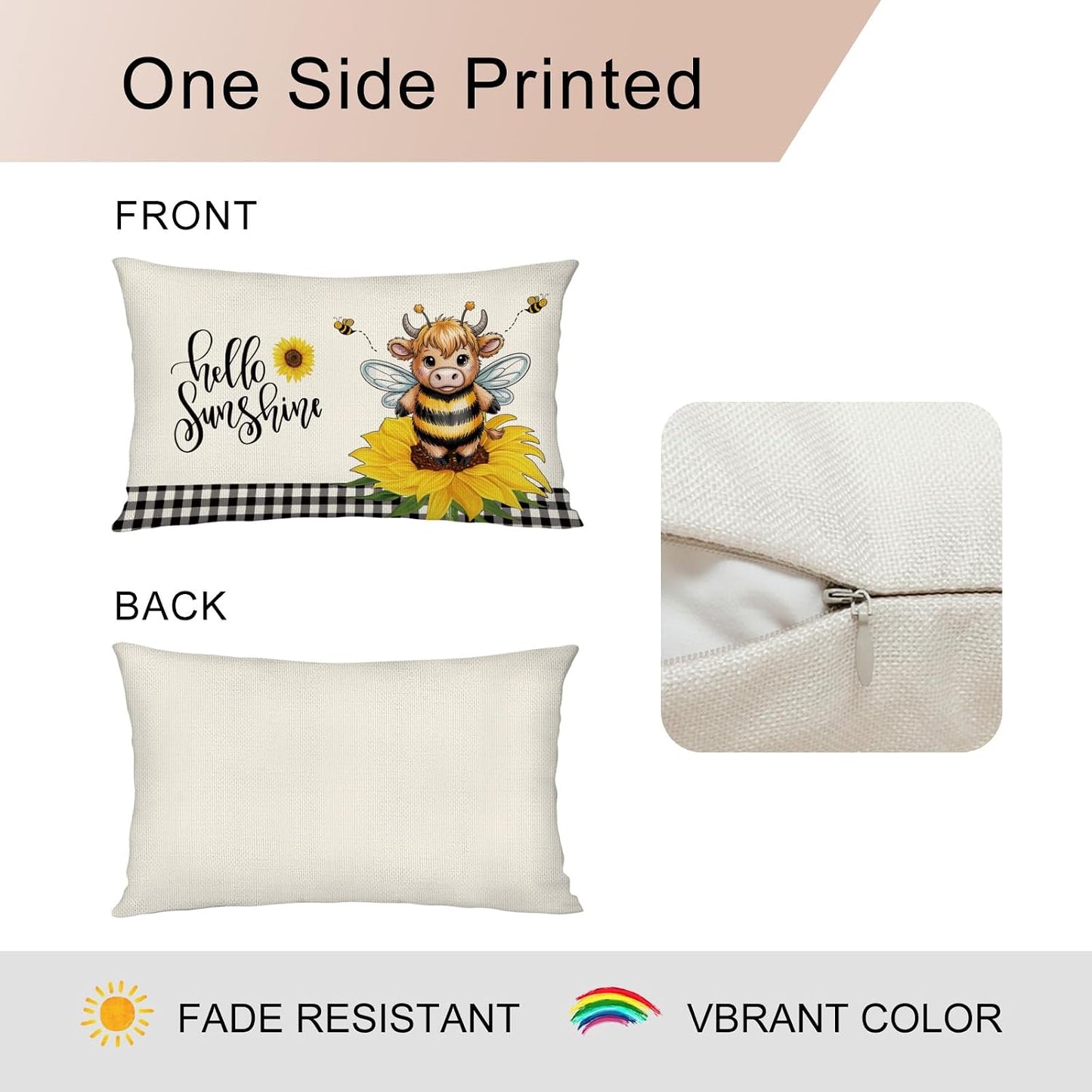 Sunflower Highland Cow Bee Lumbar Throw Pillow Cover 12x20 Inch Summer Cushion Case Decoration for Sofa Couch BST202