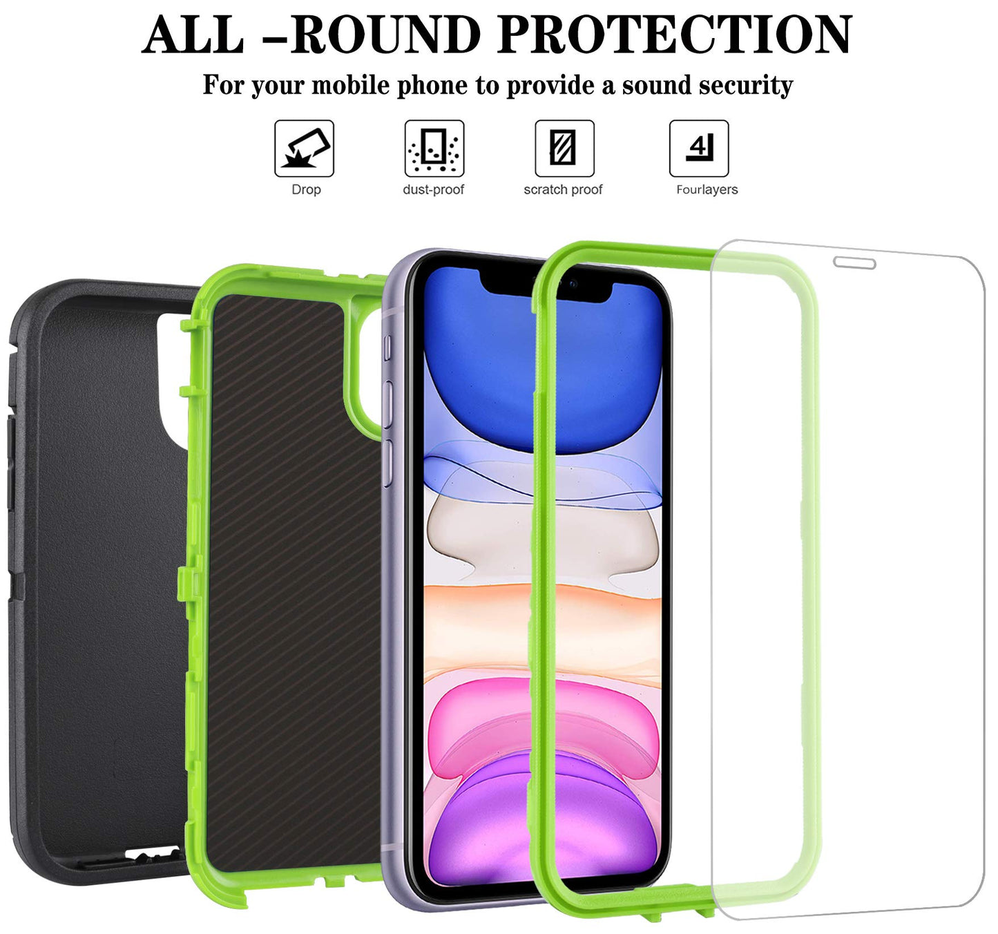 for iPhone 11 Case with Belt Clip Holster Kickstand & 2 Screen Protector, Full Protection Heavy Duty Phone Case, Shockproof Drop-Proof Durable Cover 6.1" [Black+Clip] WN420
