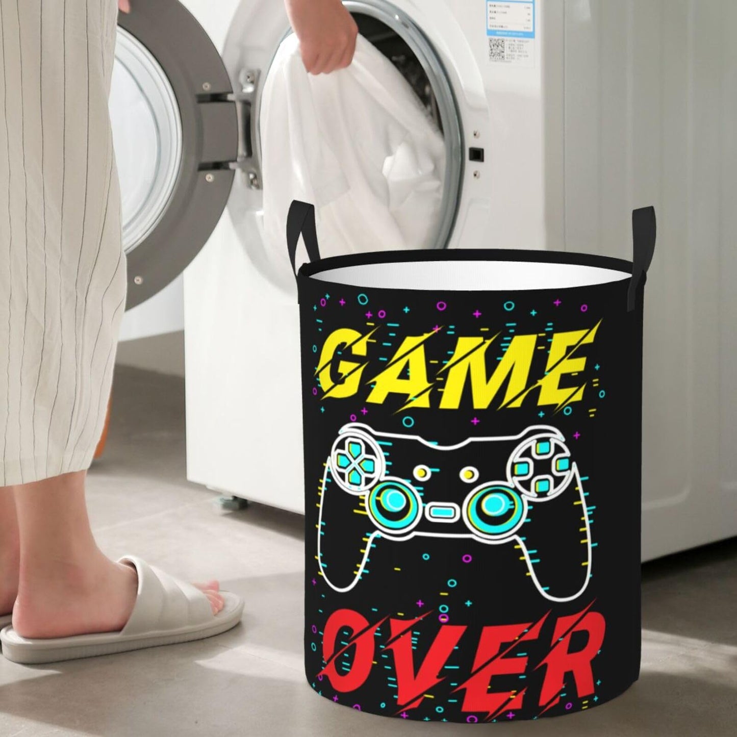 38L Round Laundry Hamper Video Game Controller Background Storage Basket Waterproof Coating Gaming Gadgets Organizer Bin For Nursery Clothes Toys BST202