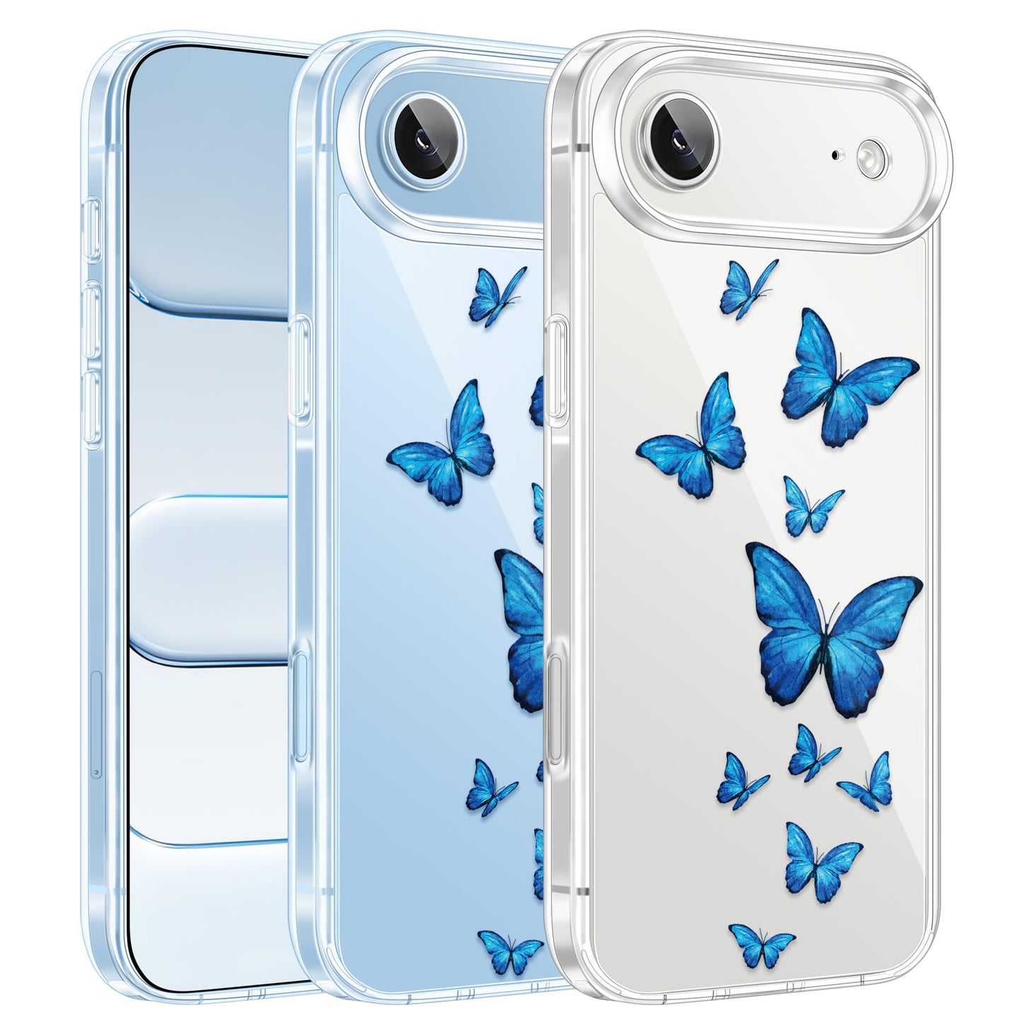 Cute Girly Crystal Clear Case Compatible with iPhone 16 Pro, Camera Control & Shockproof Protection Floral Case for Women, Blue Butterflies WN420