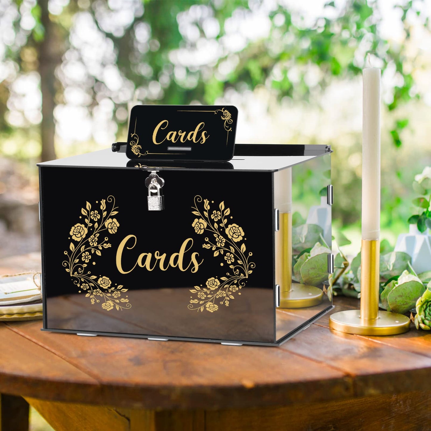 Fowecelt Acrylic Wedding Card Box with Lock Black Card Box DIY Large Rustic Card Box for Wedding Reception Bridal Shower Birthday Baby Shower Party Graduation Decorations (10x10x10 Inch) BST326H