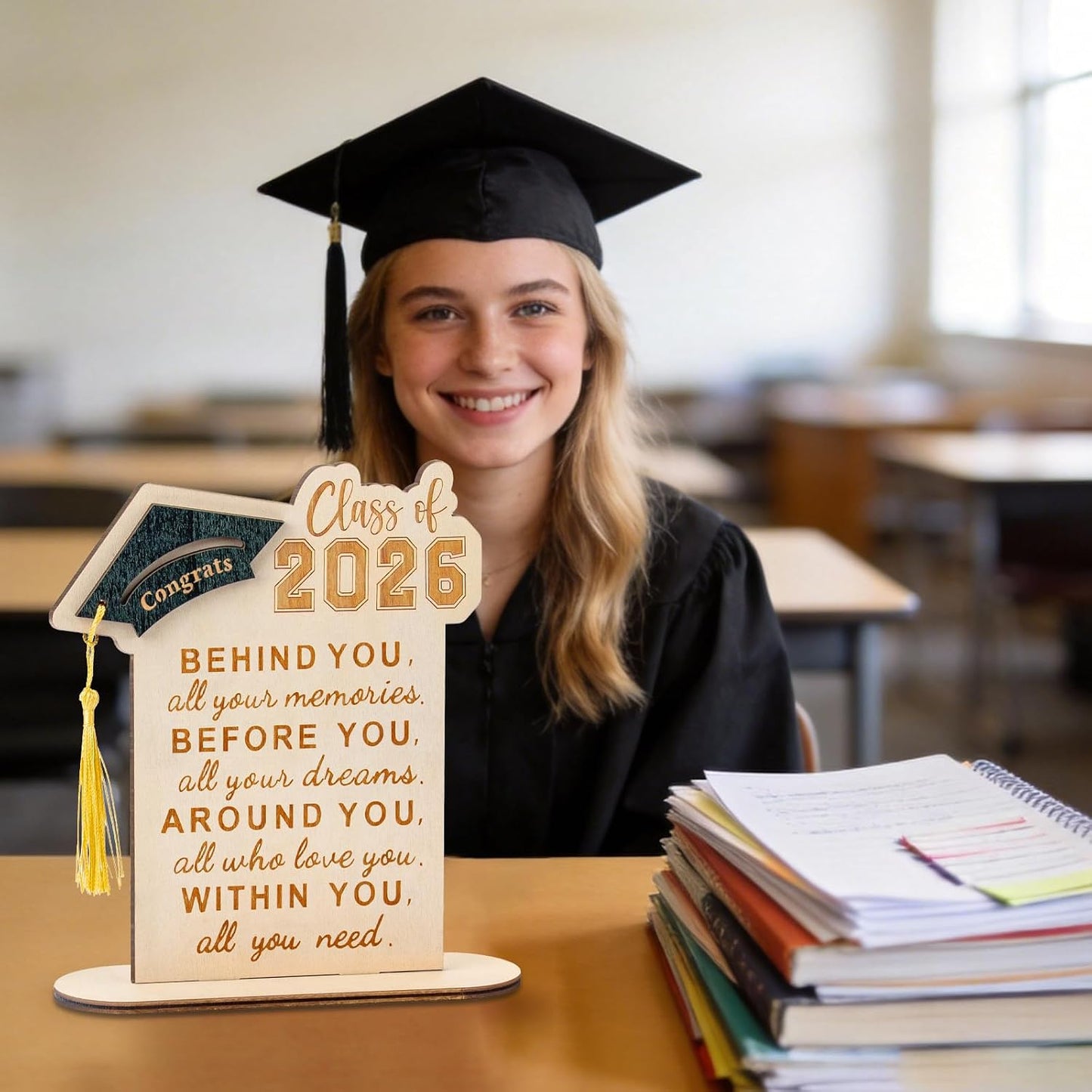 Graduation Decorations, Graduation Gifts for Class of 2026 | Graduation Quote Wood Sign Desk Decor, Positive Behind You All Your Memories Wood Plaque with Stand Desk Decoration Grad Gift WN420