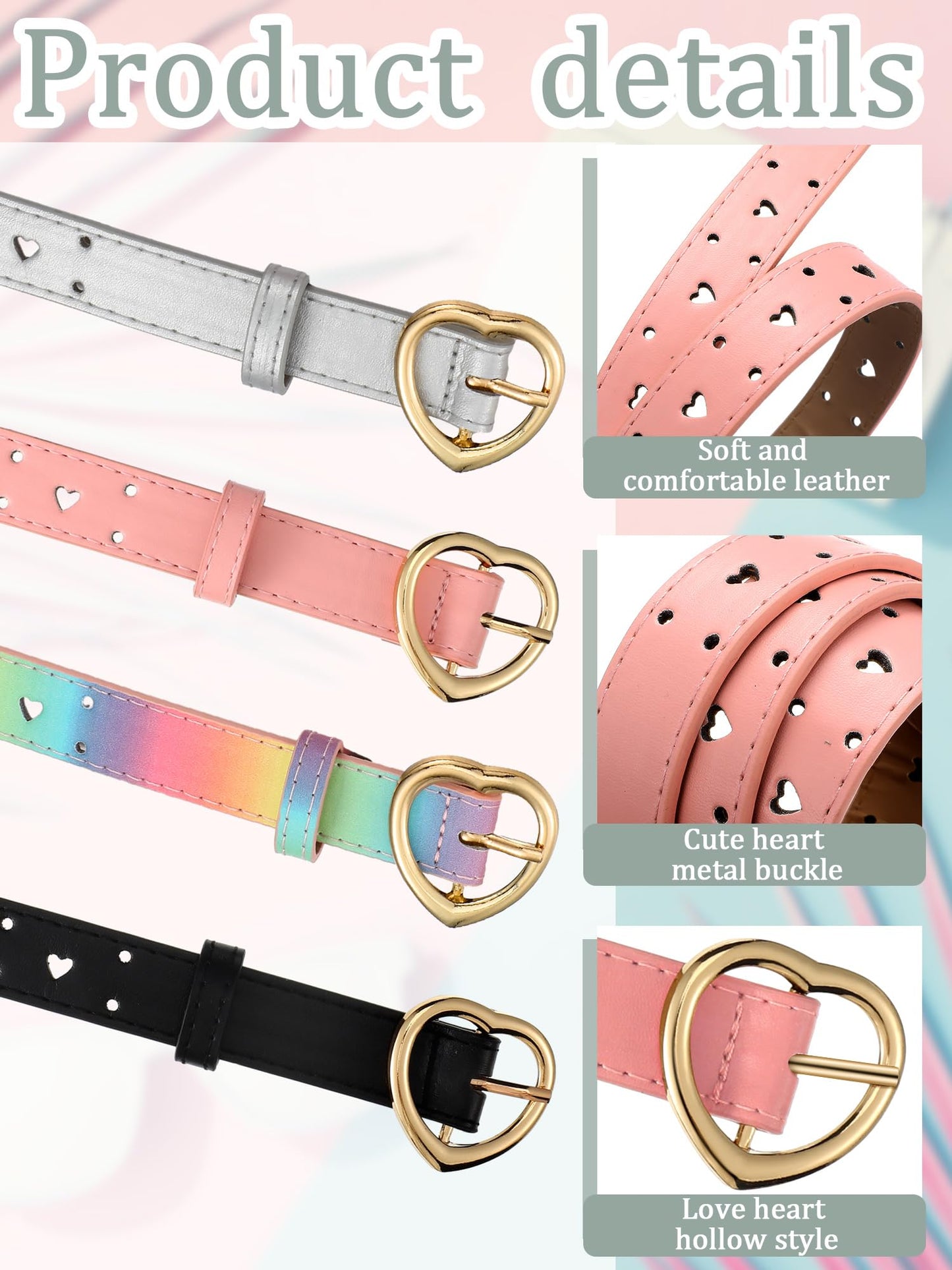 Newcotte 4 Pcs Girls Belt Size Aged 3-12 Kids PU Leather Waist Hollow Heart Design Kids Belts N31