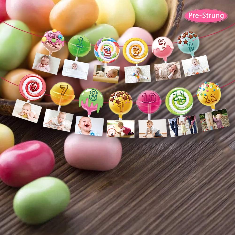 Candyland 1st Birthday Baby Photo Banner for Newborn to 12 Months, Monthly Milestone Photograph Bunting Garland, First Birthday Celebration Decoration (Candyland) BST326L