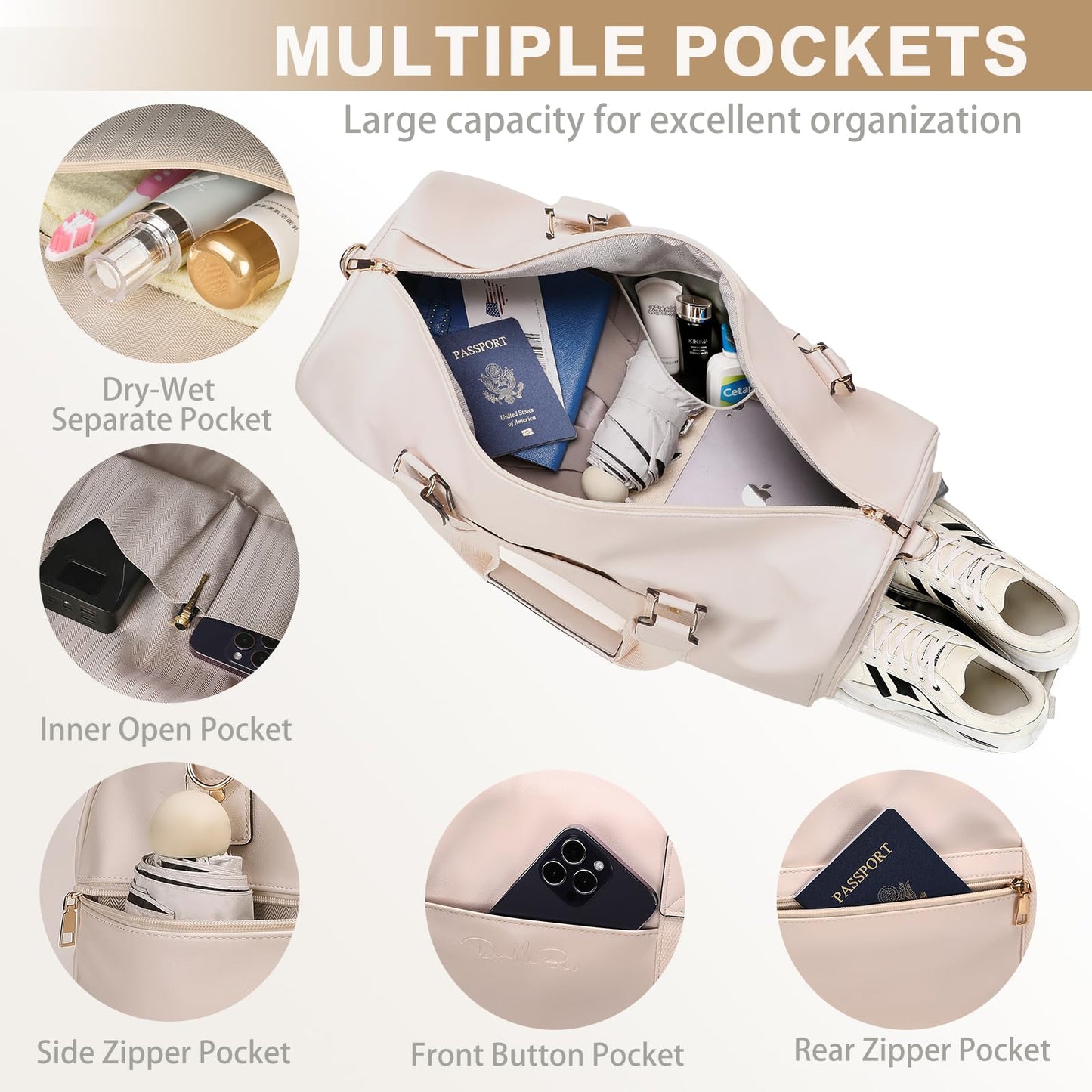 Large 4-in-1 Leather Duffle Bag for Travel Weekender Overnight Hospital Gym Bag for Men & Women, Carry On Airline Approved Personal Item Duffel Garment Bag Luggage with Shoe Compartment & Toiletry Bag BST326H