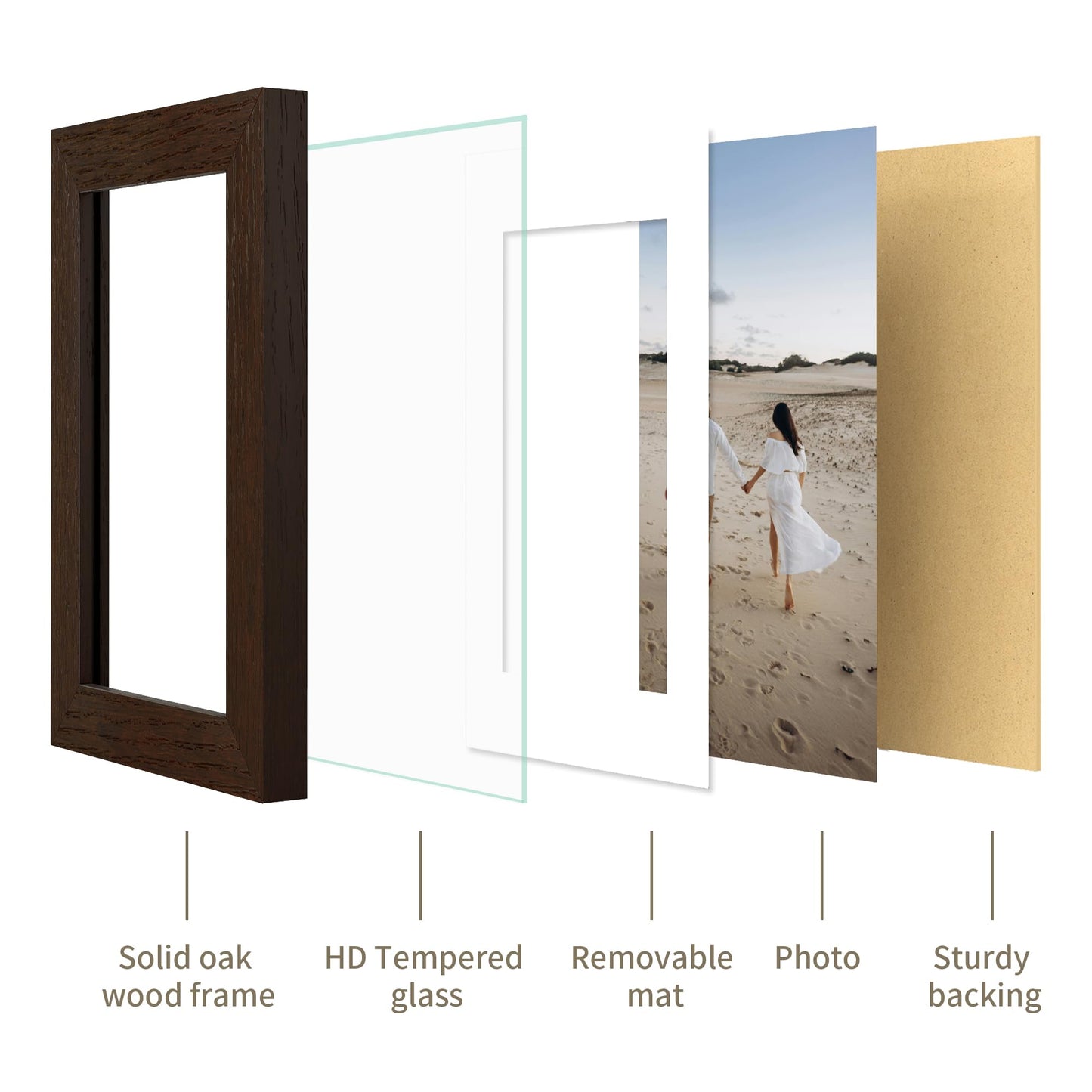 YESKAY 12x16 Picture Frame - 12 x 16 Photo Frame Made of Solid Oak Wood and Real Glass,Display Picture 4 Opening 5x7 with Mat or 12x16 Without Mat for Wall Mounting(Color Walnut) BST326H