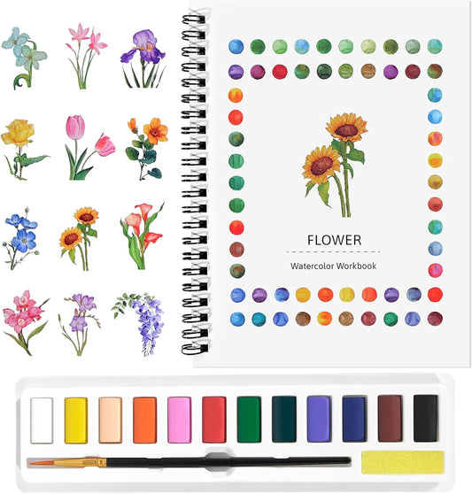 Watercolor Workbook for Beginners, Water Color Paint Book Set with Paints & Brush, 12 Beautiful Flower Patterns of Original DIY Designs, Relaxing & Creative & Joy Adult Coloring Books BST326L