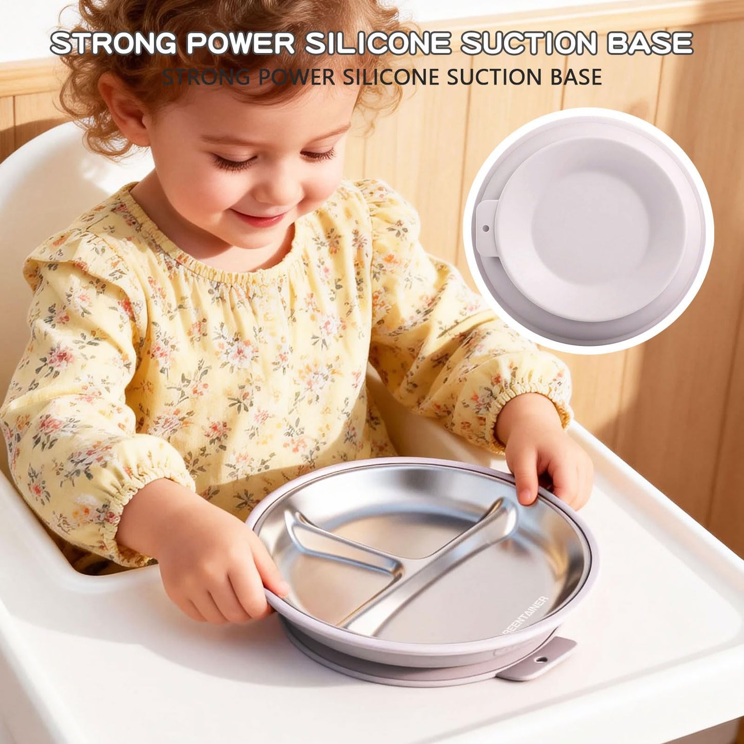 Greentainer 3 Pack Stainless Steel Baby Plates with Suction, Divided Toddler Plates with Removable Silicone Sleeves, Unbreakable Kids Dishes for Dinner & Snack, Non-Toxic, Dishwasher Safe BST326H