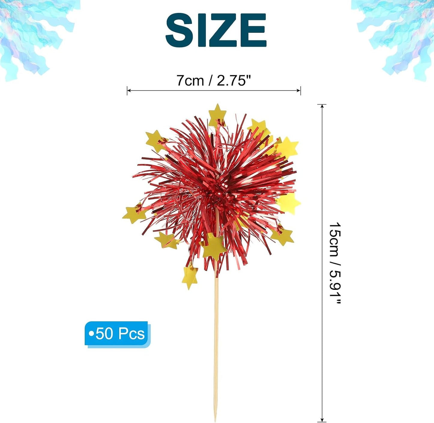 PATIKIL Firework Cupcake Toppers, 50 Pcs Sparkle Tinsel Snow Cupcake Picks Birthday Party Graduation Wedding Foil Decor Cocktail Food Fruit Toothpicks Christmas, Red BST326H