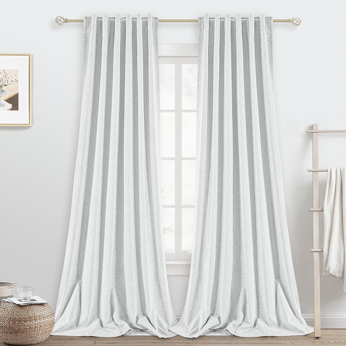 PANGSINNE Short Curtains for Windows Bathroom, 100% Blackout Linen Boho Back Tab Pleated Cafe Curtains for Kitchen Bedroom, 54 Inch Length 2 Panels Set, Dusty Blue BST326H