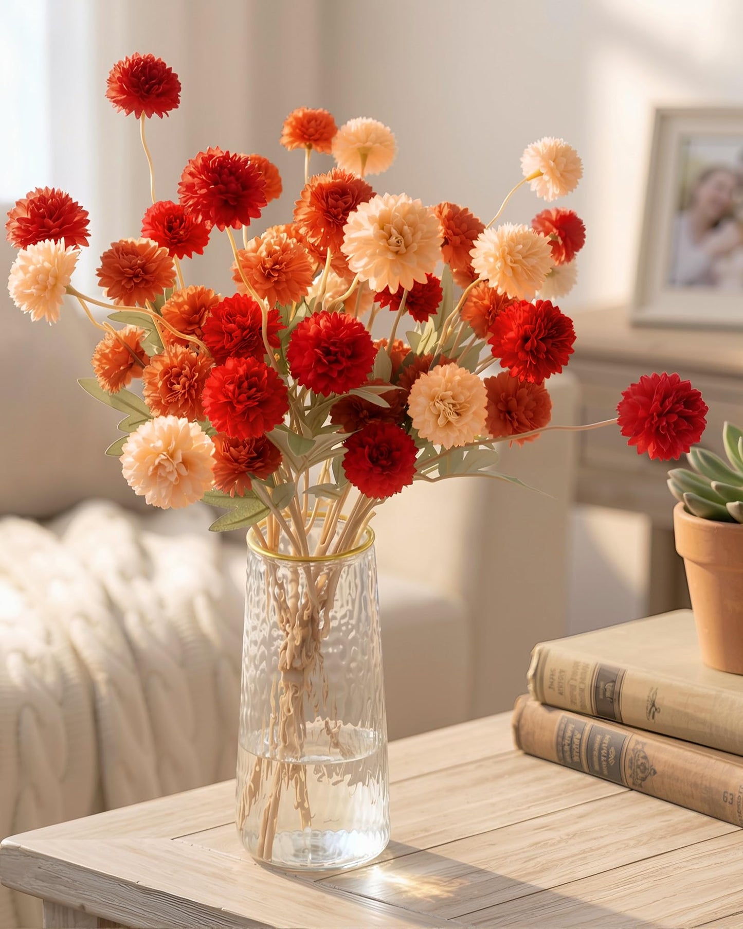 Beige Faux Silk Mums Artificial Flowers, 8Pcs Fall Fake Kiku Small Mini Chrysanthemum Pom Pom Stems for DIY Bouquets Centerpieces Vase Autumn Home Decorations Floral Arrangement BST202