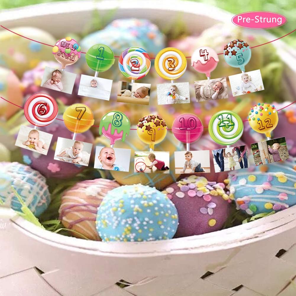 Candyland 1st Birthday Baby Photo Banner for Newborn to 12 Months, Monthly Milestone Photograph Bunting Garland, First Birthday Celebration Decoration (Candyland) BST326L