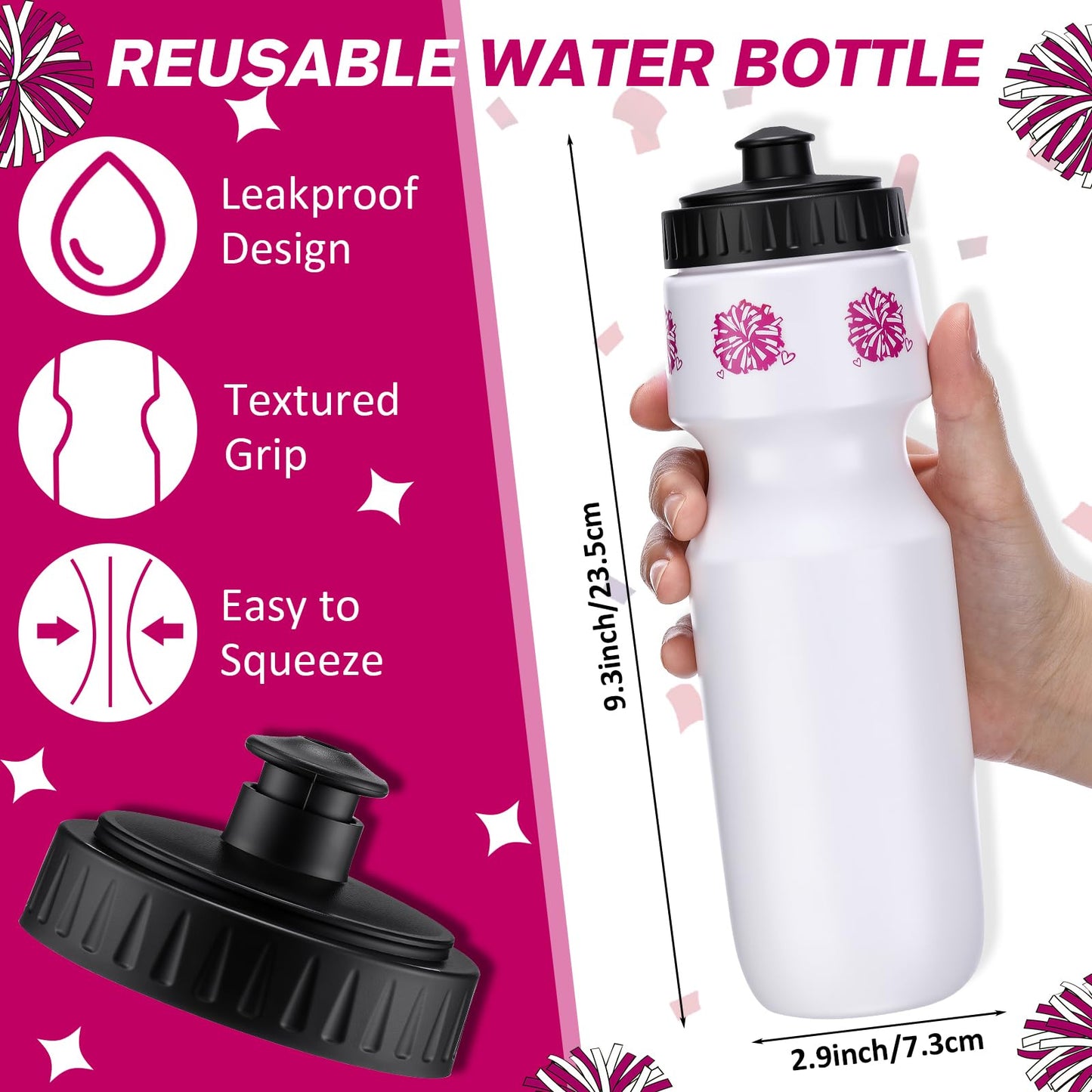 Talltalk 12 Pack Cheerleading Water Bottles Bulk 24 oz Reusable Plastic Cheer Water Bottles with Pull Top Cap Dishwasher Safe Cheerleader Drinking Bottle for Game Sports Dance Party (Rose Red) BST220