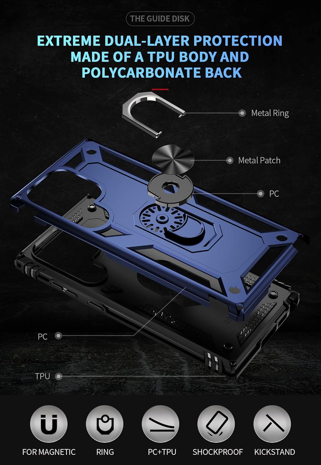 AFARER for Samsung Galaxy S23 Ultra 5G 6.8 inch Cell Case with 360° Rotating Ring Kickstand, Full Body Military Grade Shock Resistant [Heavy Duty Sturdy Durable Phone Shell] (Blue) WN420