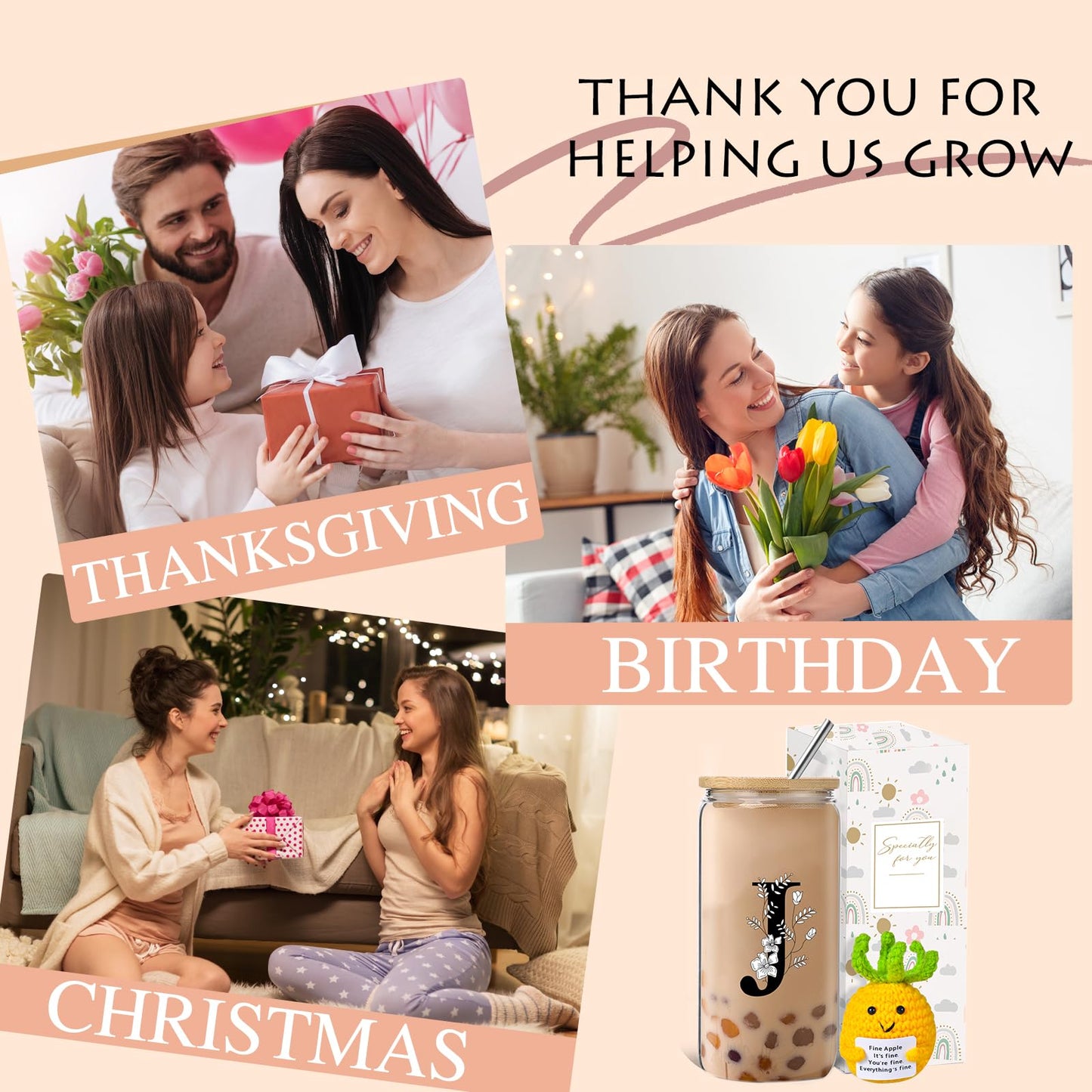 Monogrammed Initial Glass Cup with Lids and Straws gift for Women | Personalized Gift Set with Doll, 16 Oz Ice Coffee Cup ,reusable glass tumbler,Birthday Christmas Gift for Her,U WN420