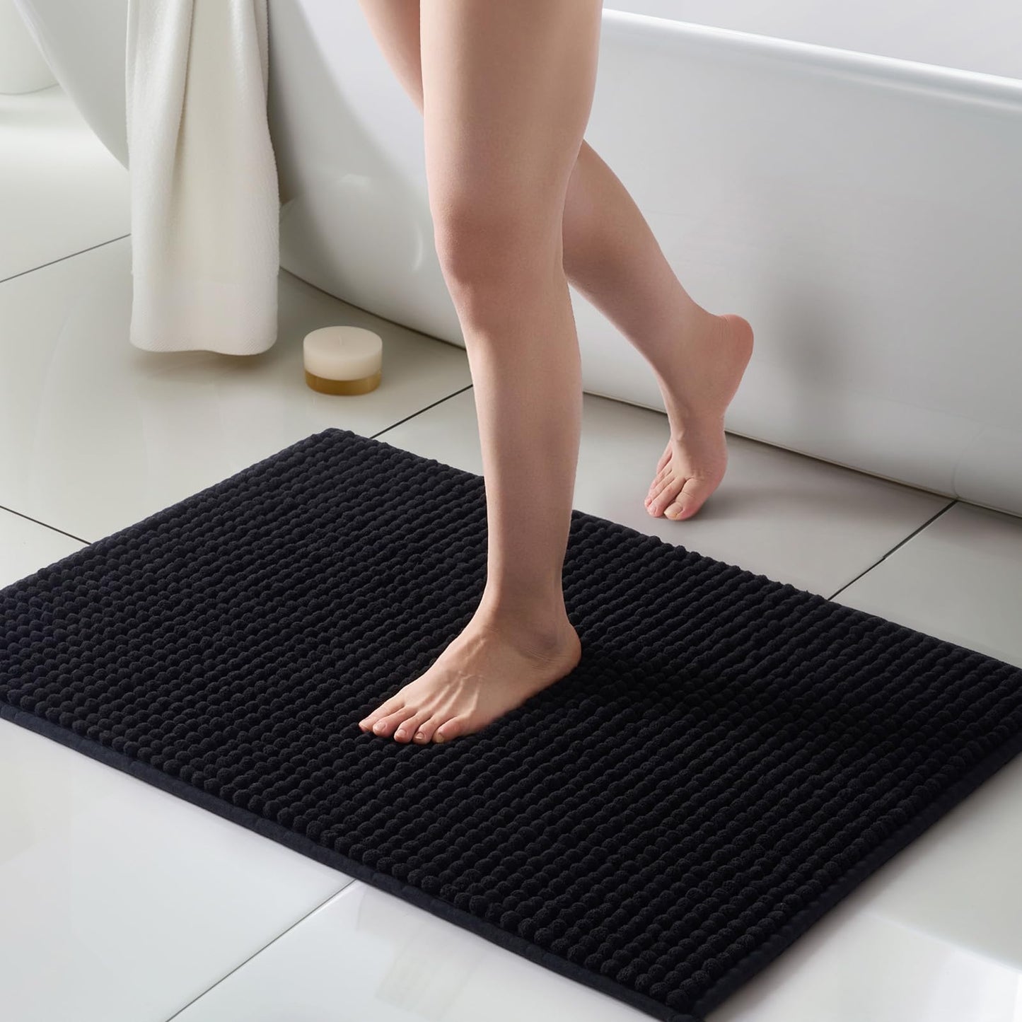 FRESHMINT Thick Chunky Chenille Bathroom Rug, Black, 20"x32" | Non-Slip Backing, Water Absorbent Surface, Machine Washable Care, Cushioned Comfort, Bathroom Floor Use BST220