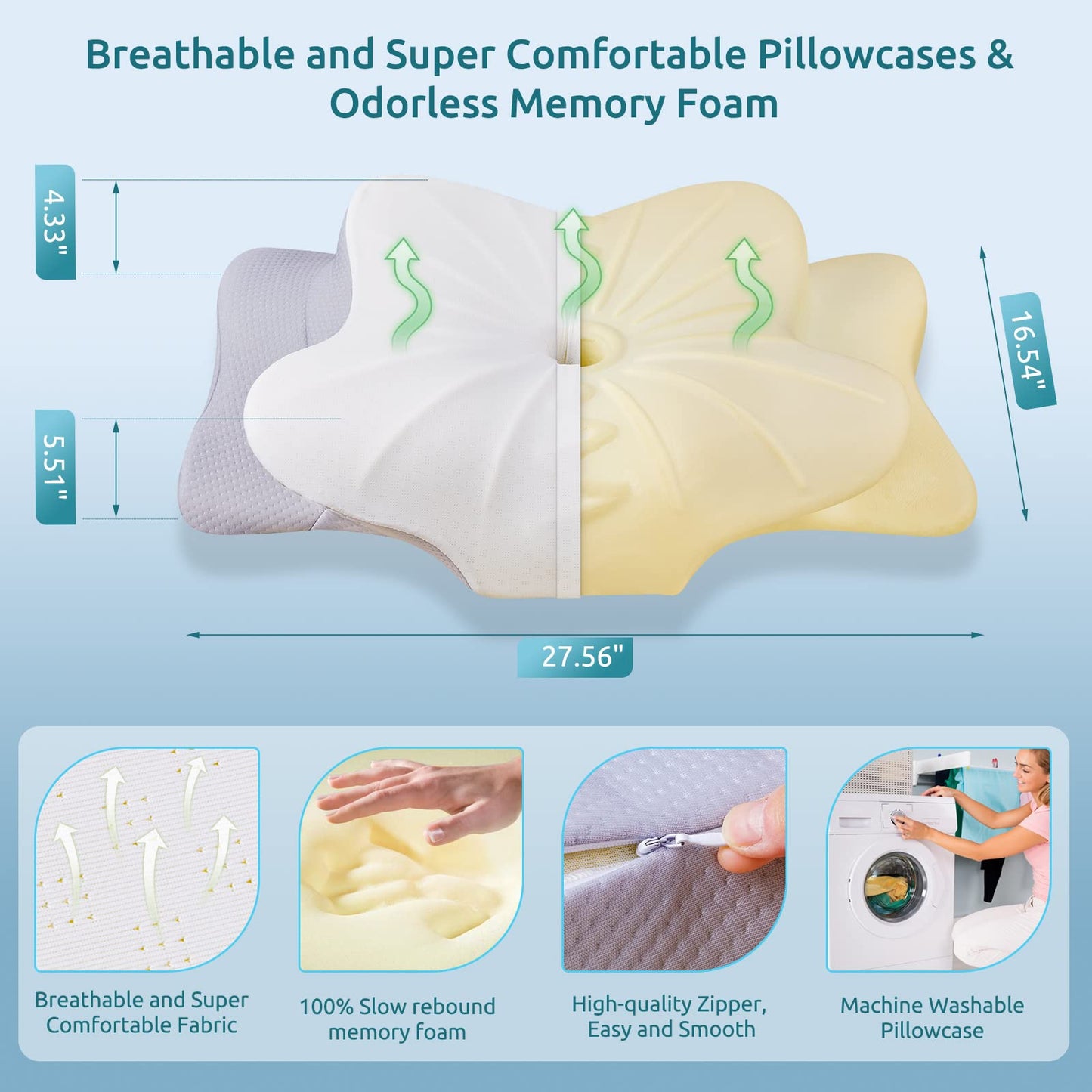 DONAMA Cervical Pillow for Neck and Shoulder,Contour Memory Foam Pillow,Ergonomic Neck Support Pillow for Side Back Stomach Sleepers with Pillowcase-Standard Size BST220