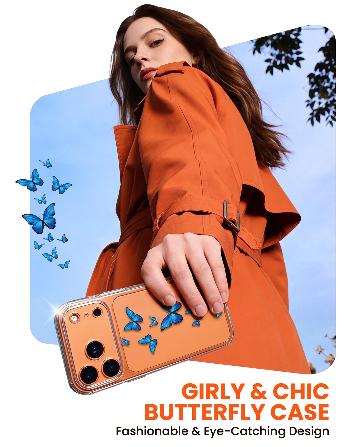 Cute Girly Crystal Clear Case Compatible with iPhone 16 Pro, Camera Control & Shockproof Protection Floral Case for Women, Blue Butterflies WN420