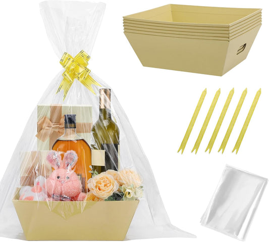 Beeplove 6 Sets Large Thick Kraft Baskets for Gifts Empty - Gift Baskets Empty Kit with Cellophane Wrap and Pull Bows for Easter Wedding Birthday Bridesmaid Baby Shower, Yellow WN420