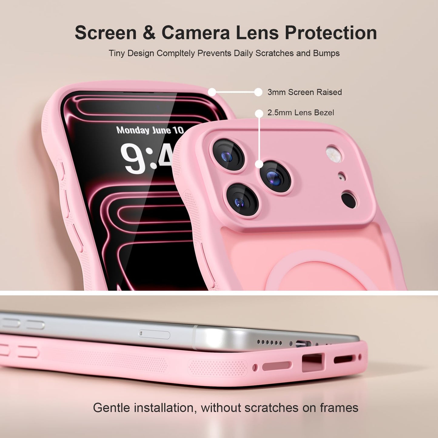 QVLANG Case for iPhone 16 Pro Max, Cute Wave Cover Case, Upgraded[Full Camera Protection][Compatible with Magsafe][Military Grade Protection][Translucent Matte] Phone Case for Women Girls, Hot Pink WN420