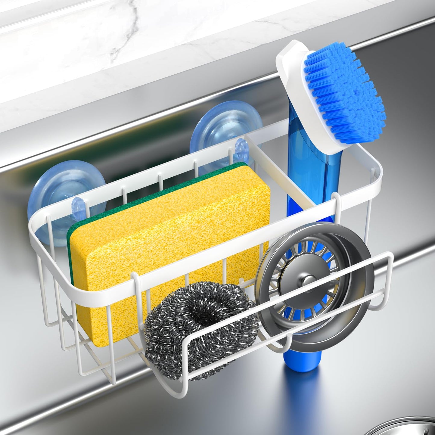 3-in-1 Kitchen Sink Caddy Organizer with Sponge Holder, Brush Holder, Extra Rack for Scrubber, Sink Stopper, Dish Cloth Hanger - Strong Dual Suction Cup, 2.0mm SUS304 Stainless Steel - Grey WN420