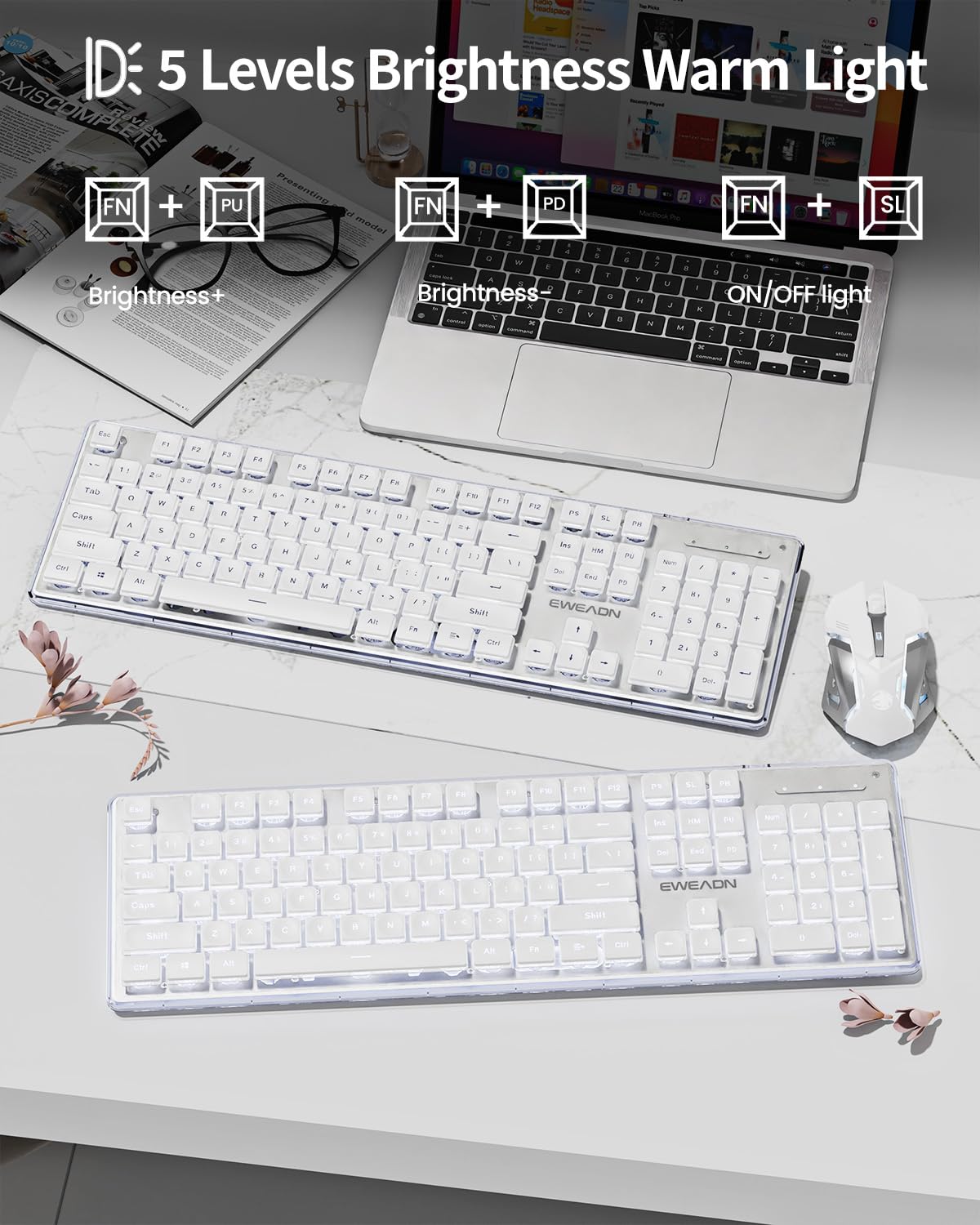 V3 Wireless Keyboard and Mouse with Single Backlit, Metal Panel, Bluetooth/2.4G Rechargeable Computer Keyboard and Mouse Combo Silent Lighted Full Size Cute Keyboards-White