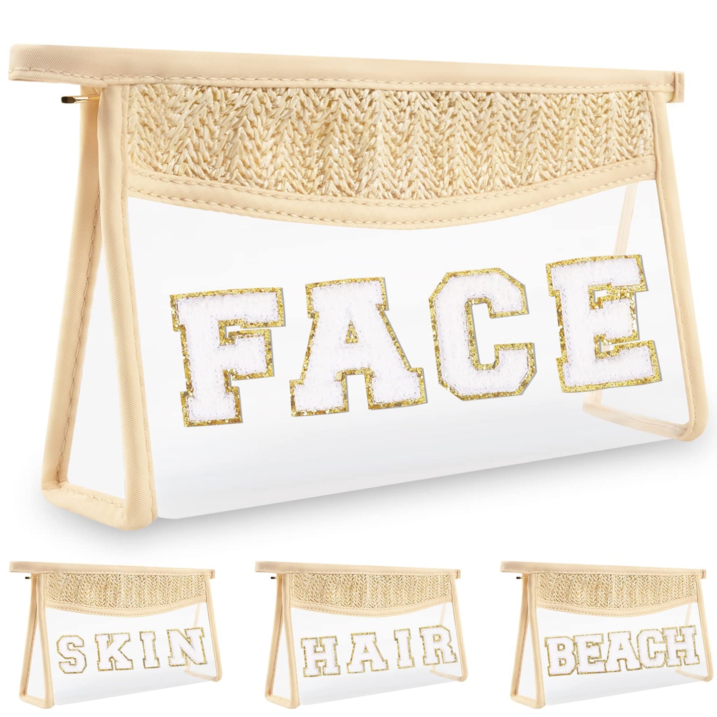 Boho Clear Makeup Bag Cosmetic Zipper Pouch Purse, Clear Toiletry Bags Travel Small Preppy Cute DIY Chenille Letter Bag, Transparent PVC Waterproof Clutch Make Up Organizer Storage Bag for Women Girls BST220