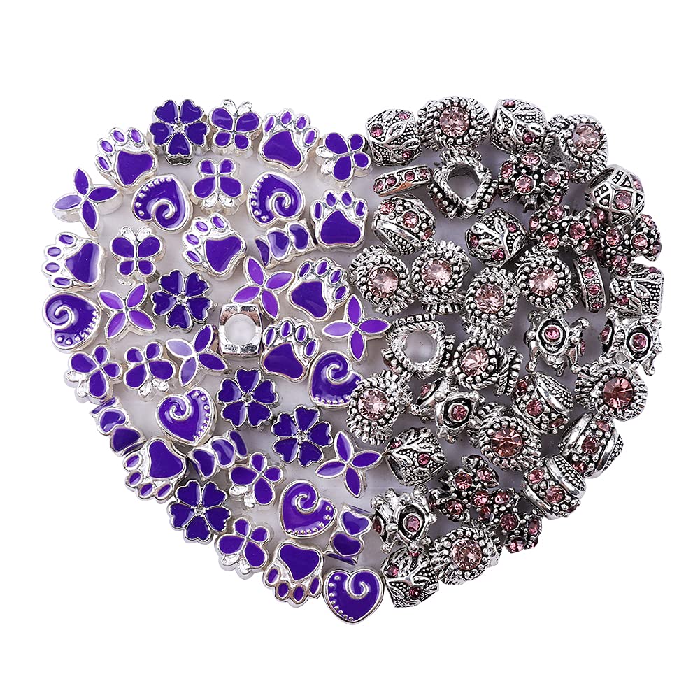 60 Pieces Assorted European Beads with Plating Silver Metal Alloy Rhinestone Large Hole Spacer Beads for DIY Charm Bracelet Jewelry Making (Blue) BST220